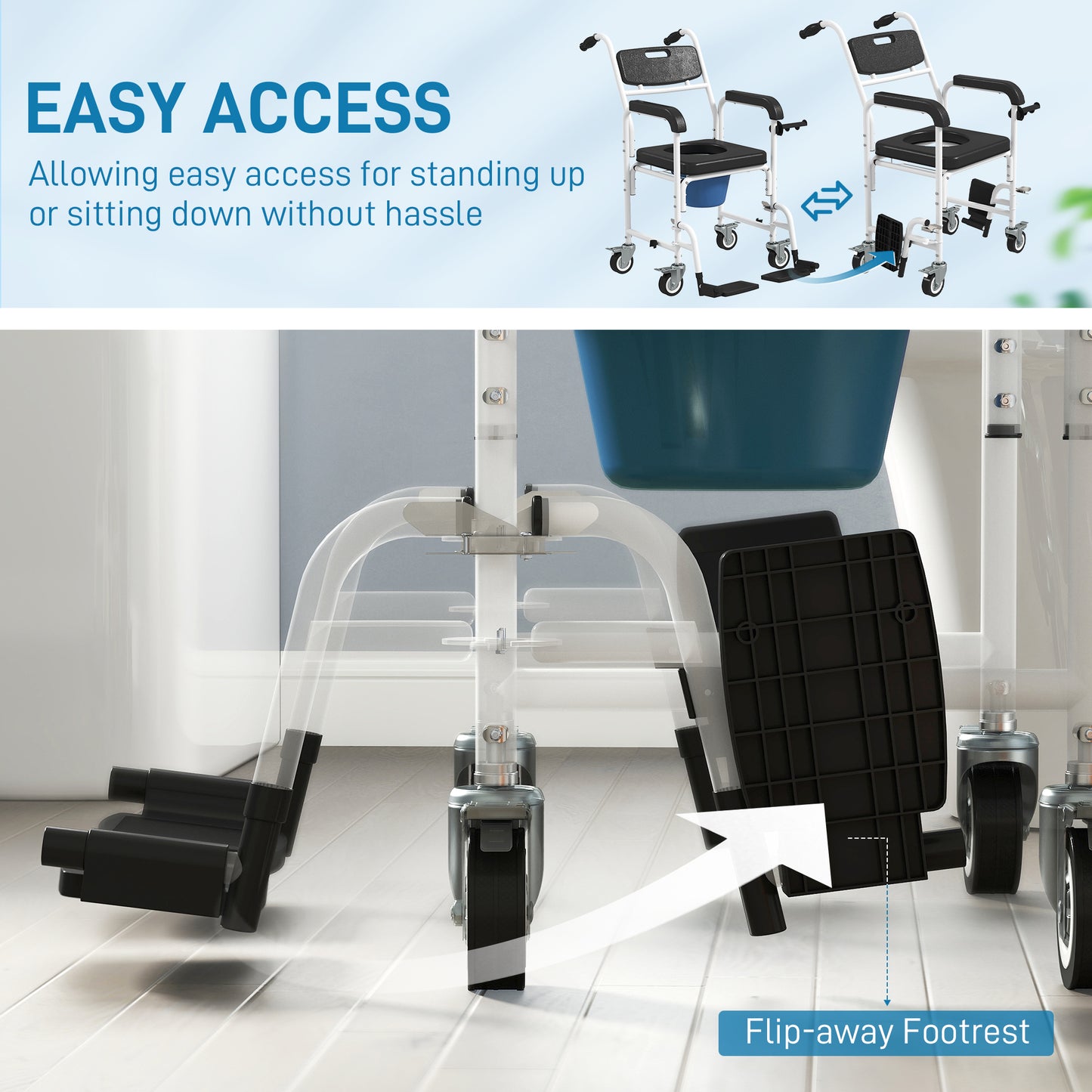 4-in-1 Shower Wheelchair for Seniors - Commode Chair with Locking Wheels, Black