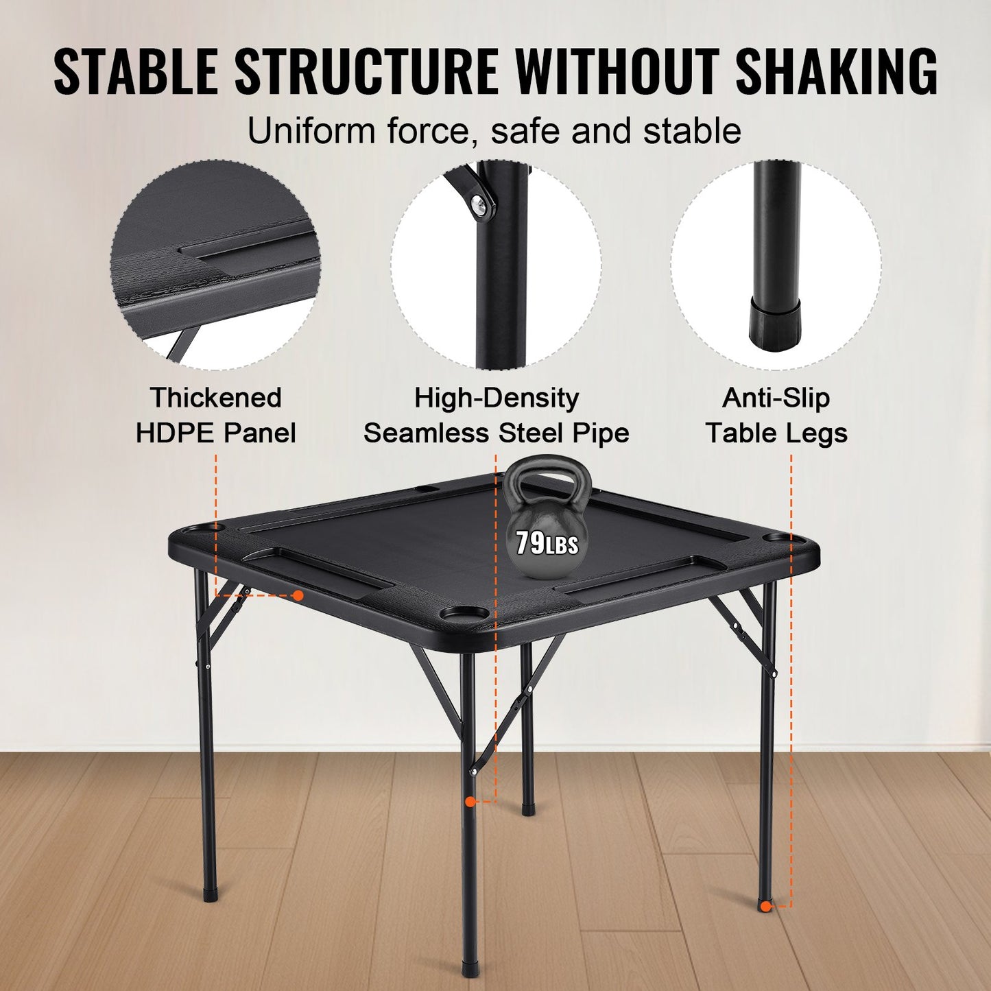Folding Mahjong Table for 4 Players with Cup Holders & Chip Trays - Black