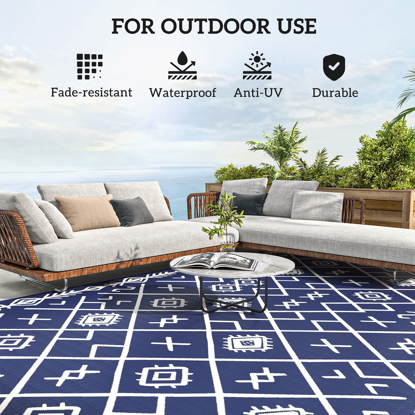 Reversible Outdoor Rug - Waterproof Plastic Straw, 9' x 18', Blue & White Rhombus