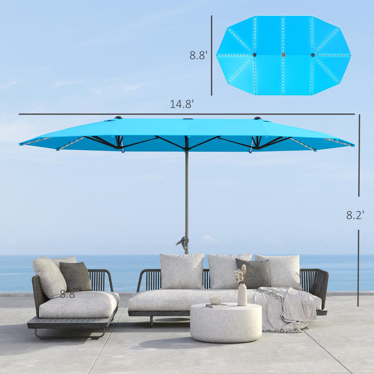 15ft Double-Sided Patio Umbrella with Solar Lights - Blue
