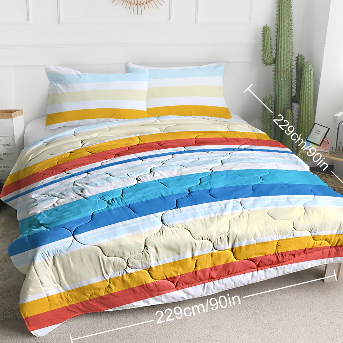 Queen Rainbow Stripes Comforter Set with Pillowcases - 3 Piece