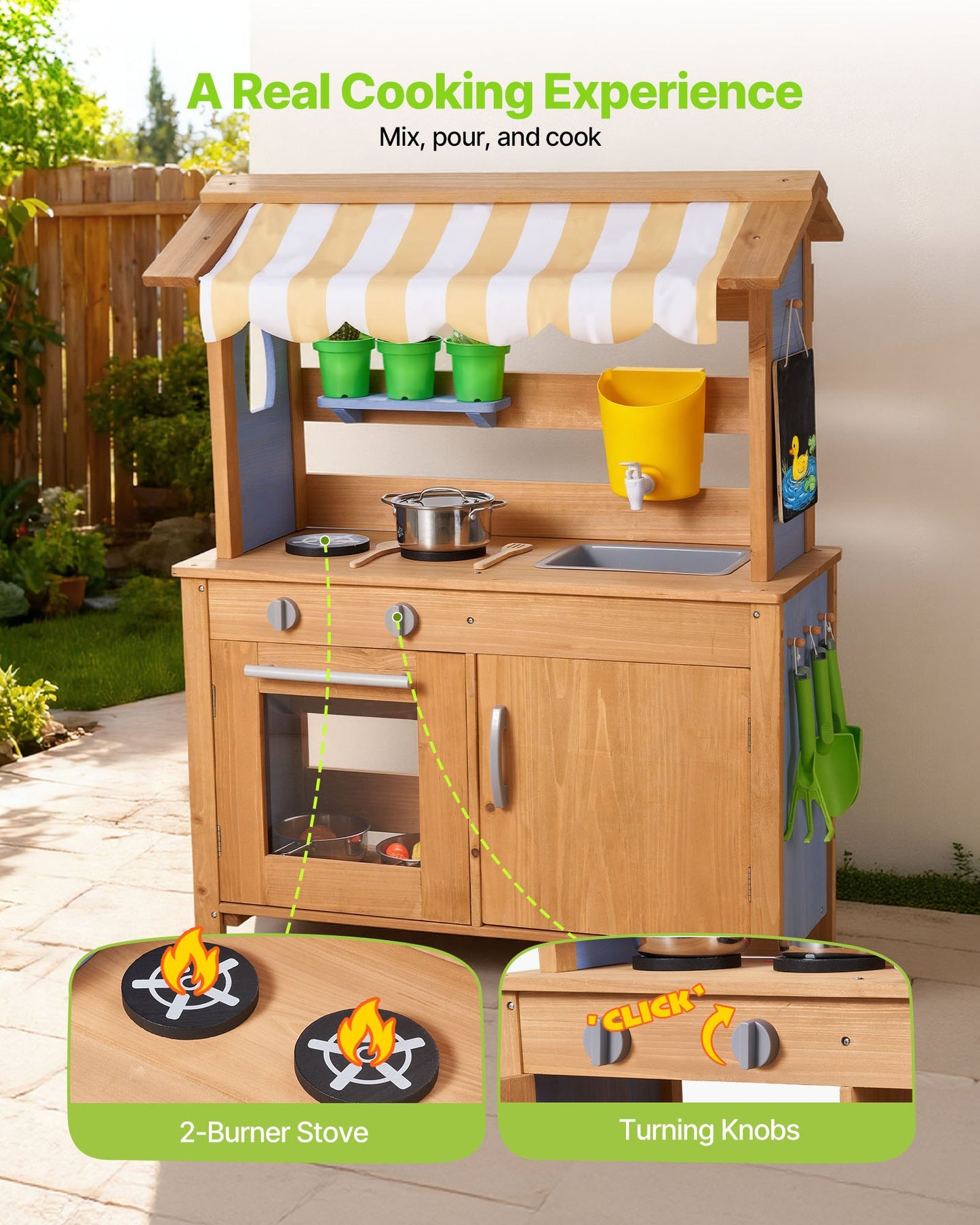 Outdoor Kids Mud Kitchen with Sunshade, Wooden Play Set with Spoons & Accessories