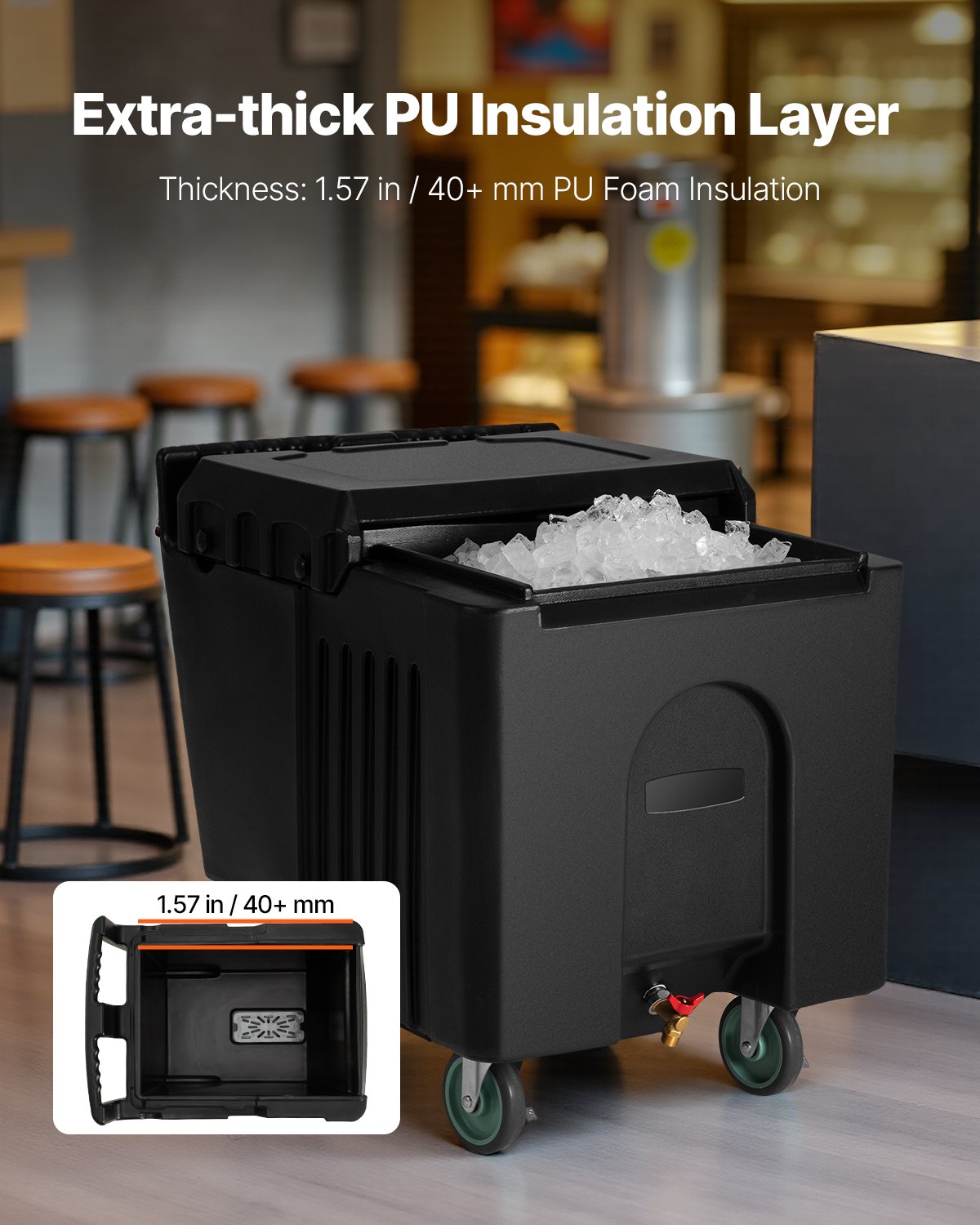 Portable Ice Bin Caddy with Sliding Lid & Wheels - 61.6L