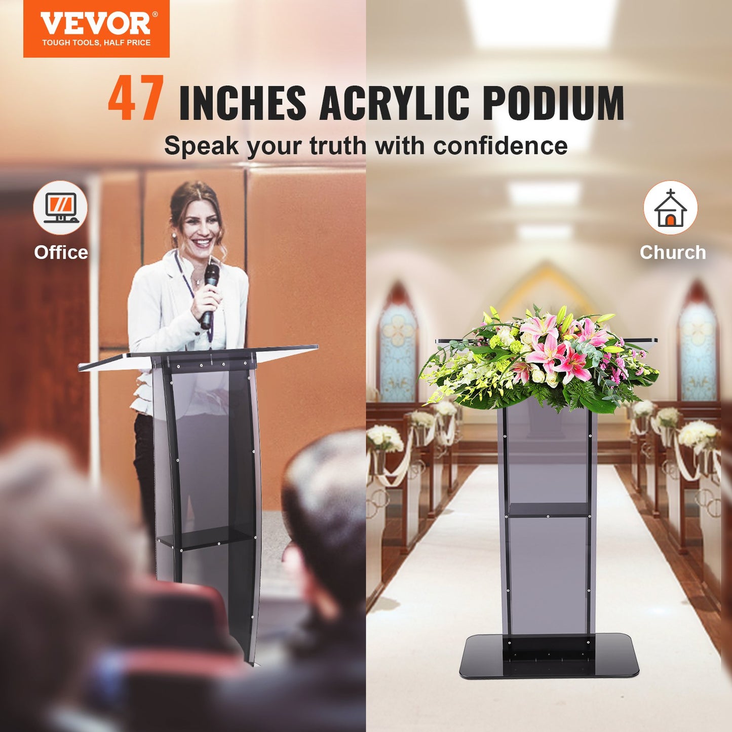 47" Acrylic Podium Stand with Storage Shelf - Black