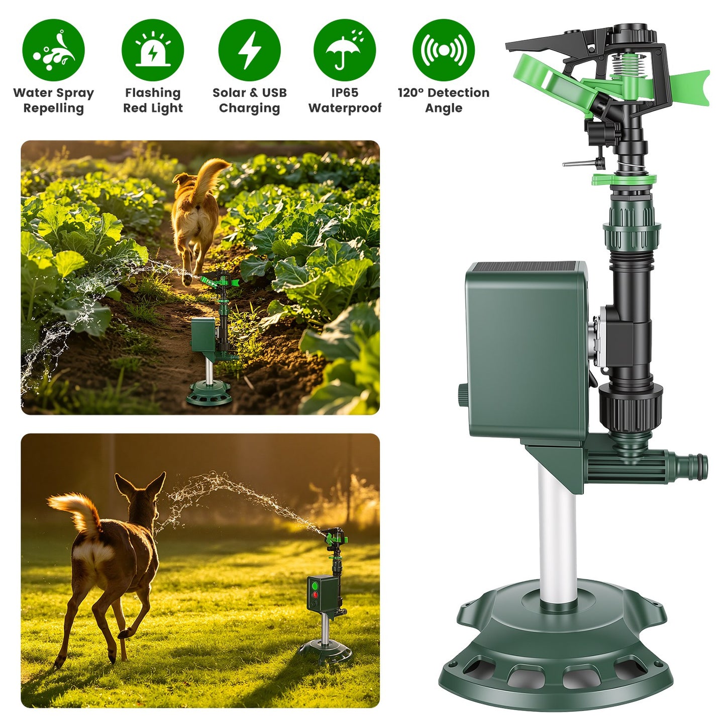 Solar-Powered Animal Deterrent Sprinkler with Flashing Light for Garden Outdoor Yard