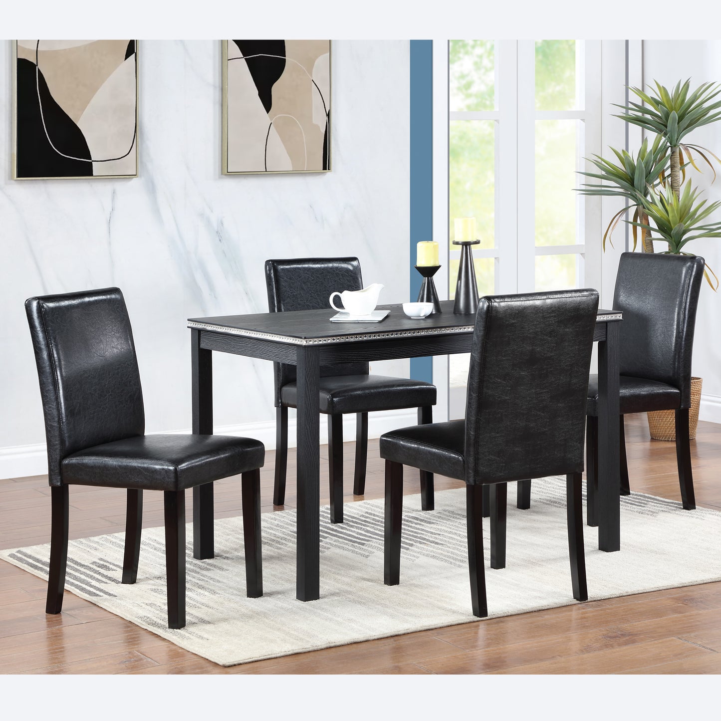 Black Padded Dining Chairs Set for 4 - Solid Rubber Wood