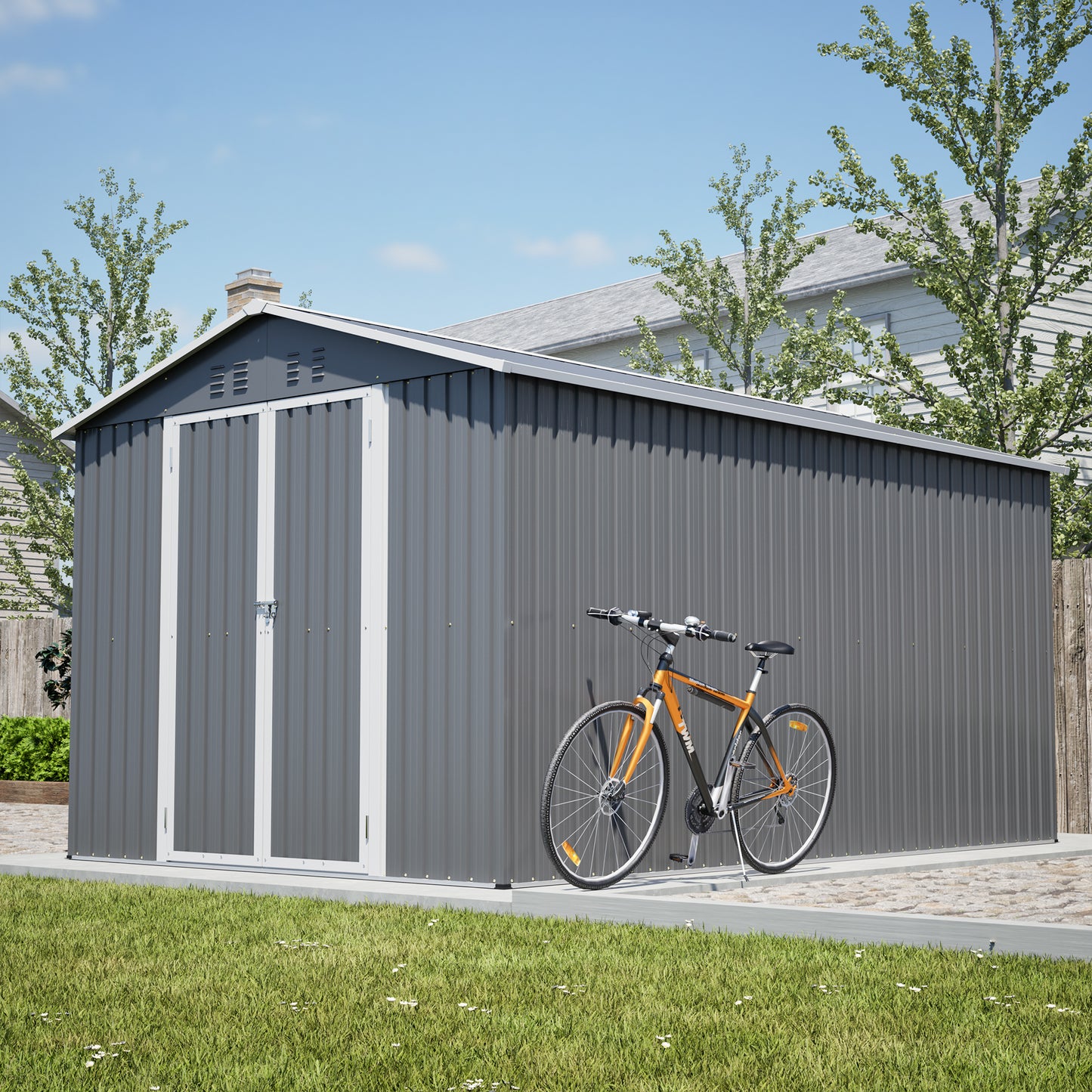 8x12 FT Metal Storage Shed with Side Door - Grey Outdoor Tool Shed