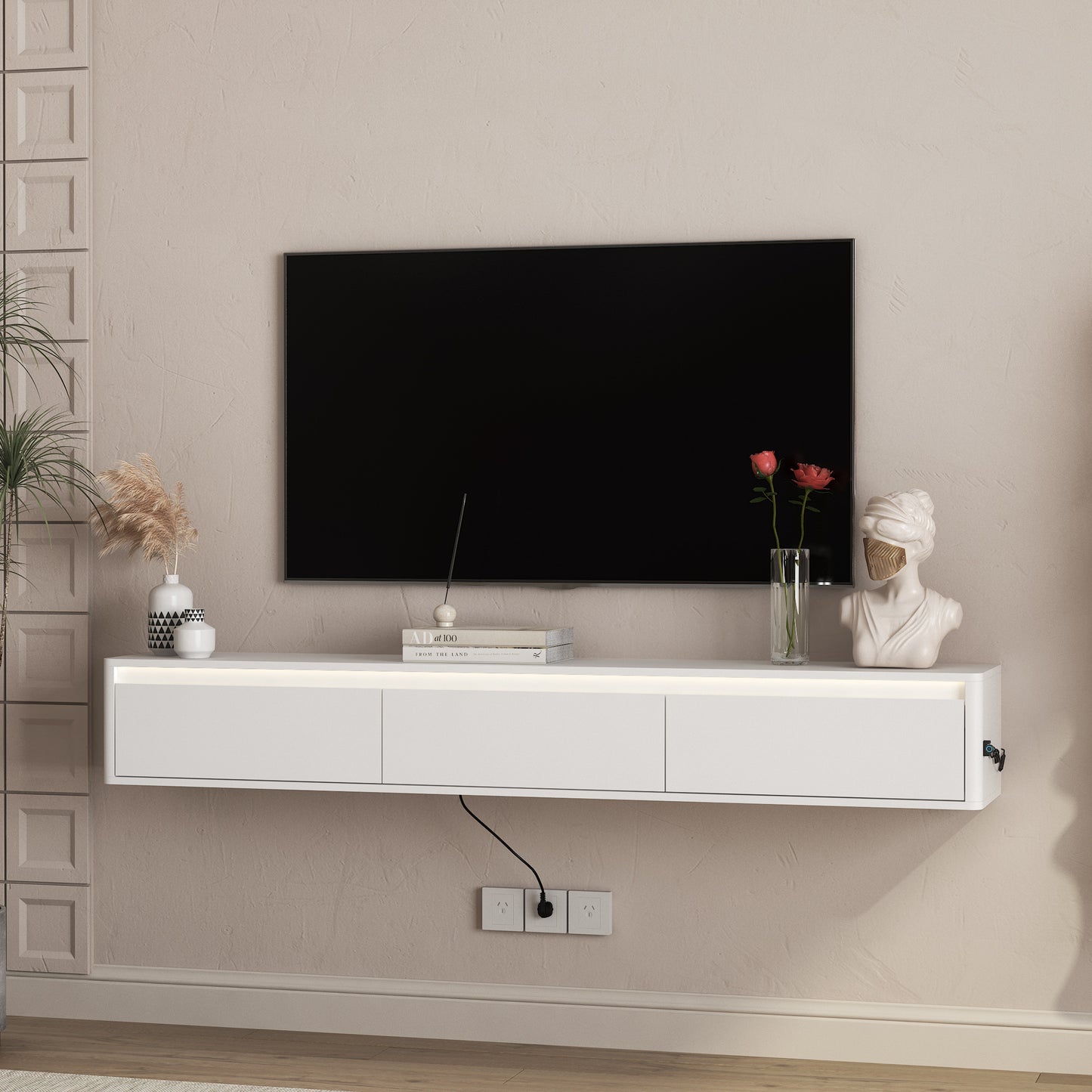Floating TV Stand with LED Lights and Power Outlet - White
