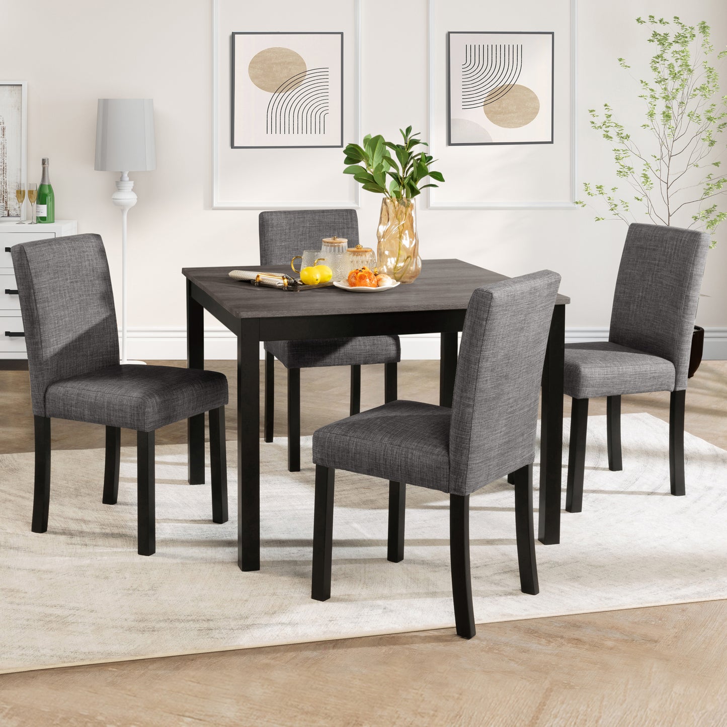 5-Piece Dining Table Set with 4 Chairs - Light Grey & Black