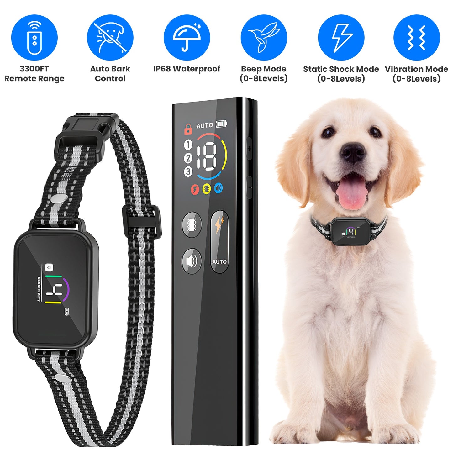 Dog Training Collar with Remote, Bark Control & 3 Channels - Waterproof Rechargeable