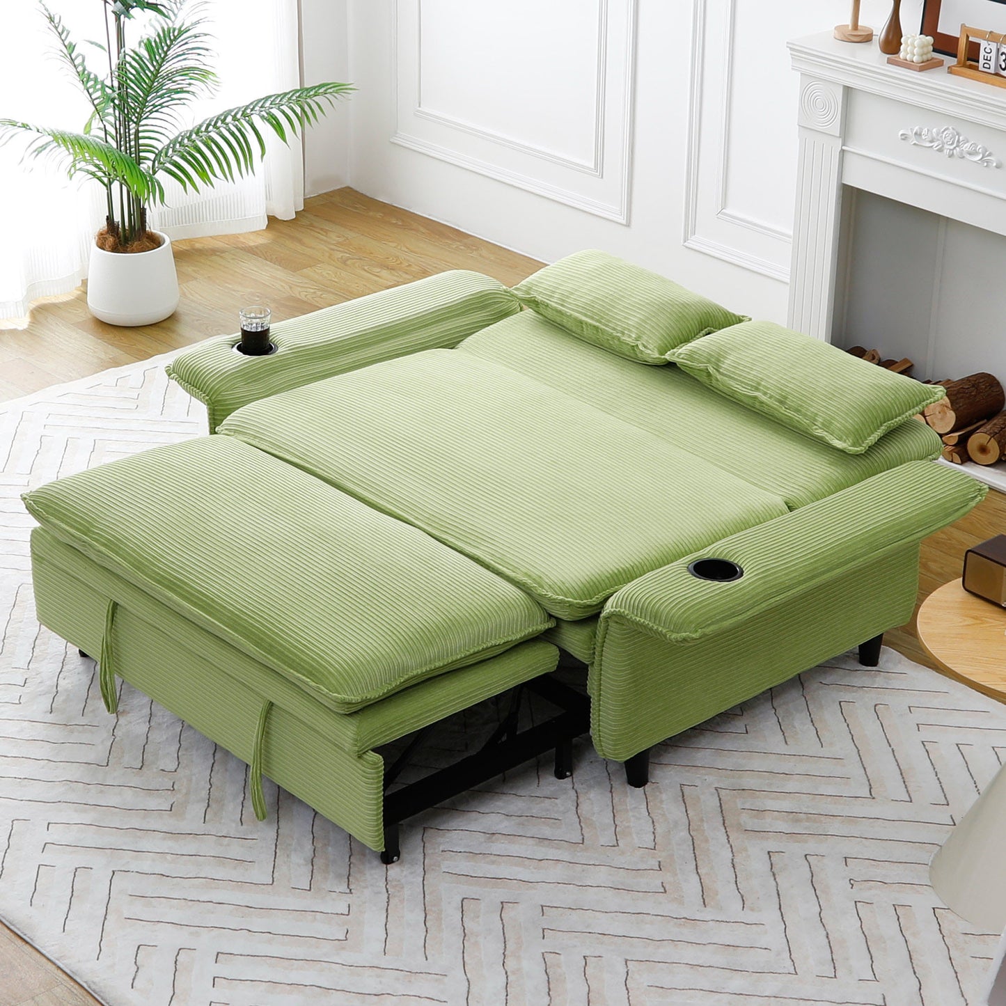 65.74-Inch Green Multi-Functional Sofa Bed with Adjustable Armrests