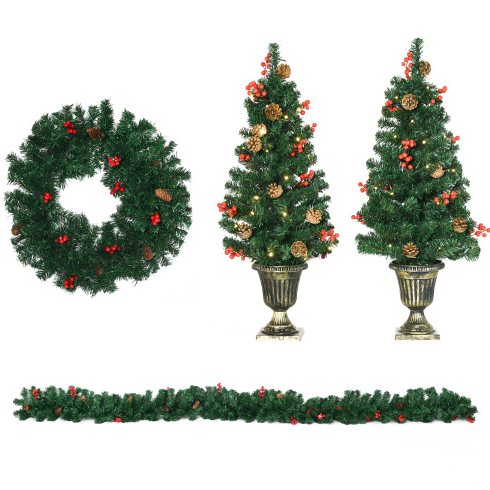 Prelit Christmas Decoration Set - Wreath, Garland & 2 Trees with LED Lights