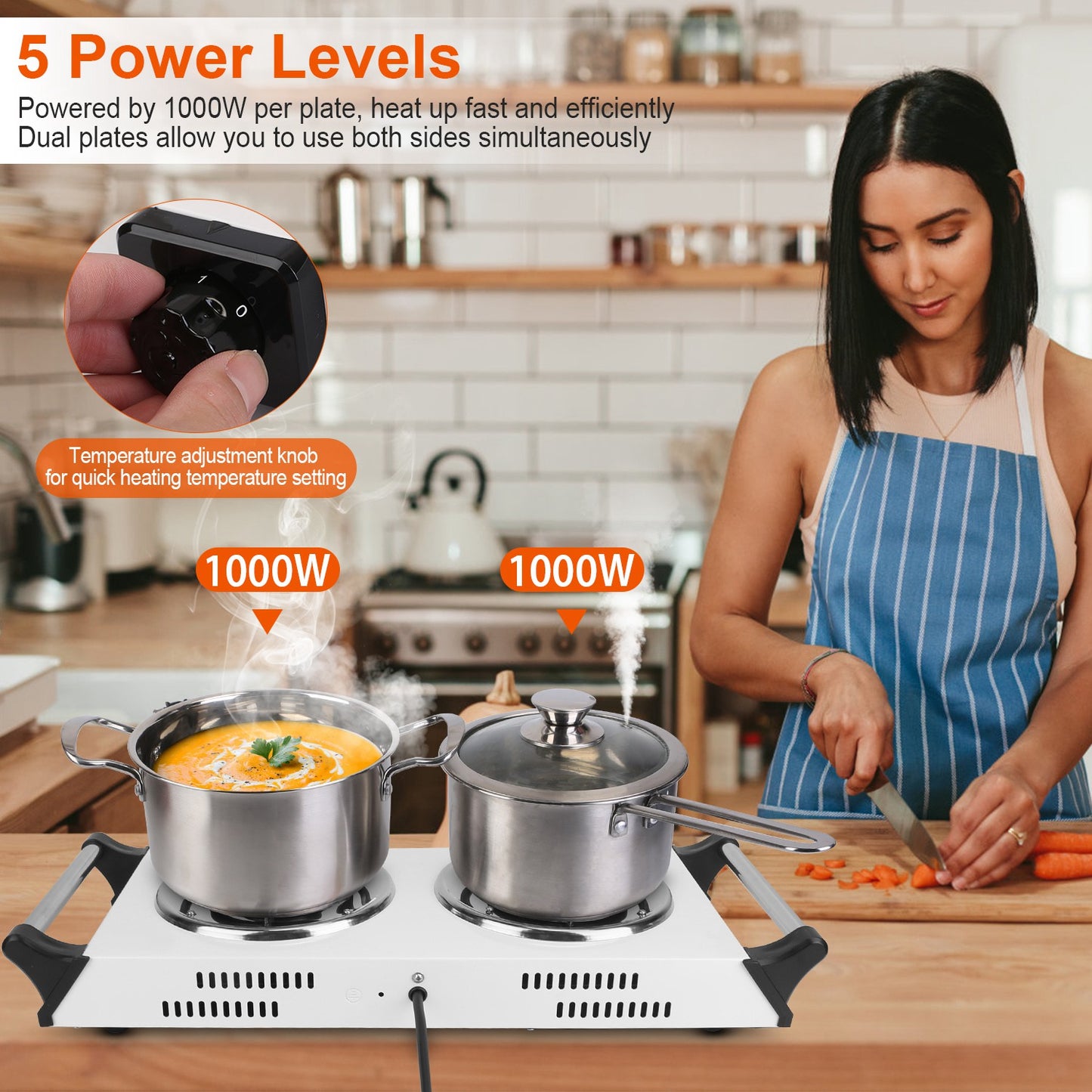 2000W Portable Electric Stove with Dual Coil Burners - White
