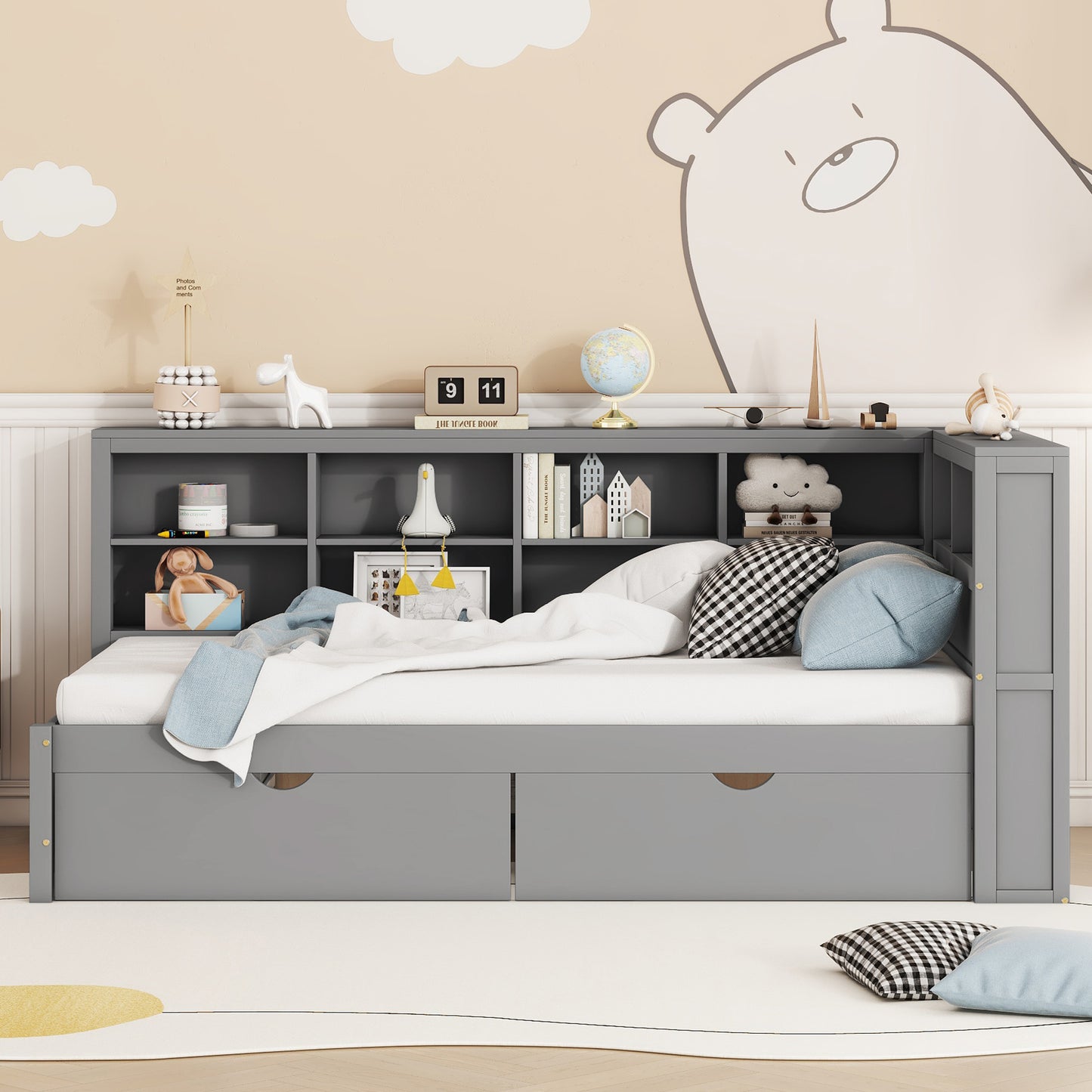 Wooden Twin Size Daybed with Storage & USB Charging Ports - Grey
