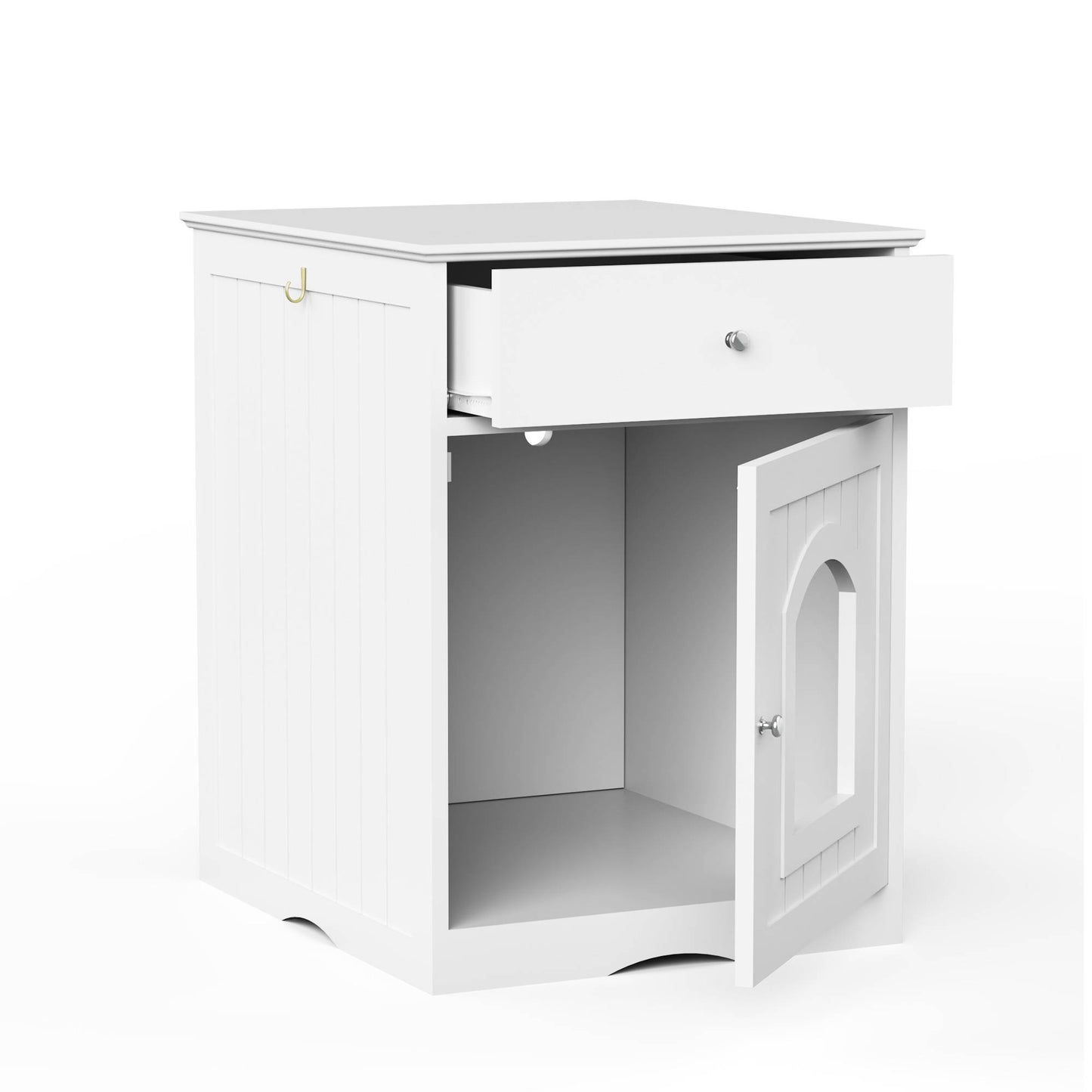 Wooden Cat Litter Box Enclosure with Drawer and Side Table - White Pet House