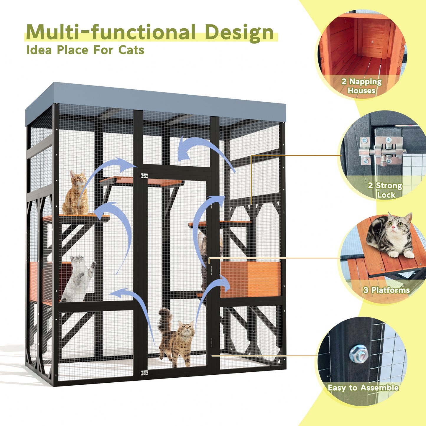 Large Wooden Cat Enclosure with Waterproof Cover and Multiple Platforms