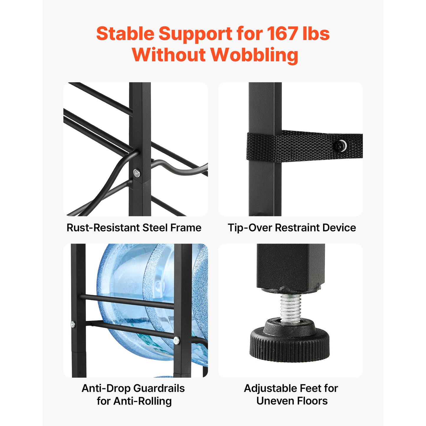 Heavy Duty Water Jug Holder Rack for 3 and 5 Gallon Bottles - 4 Tiers Storage Organizer