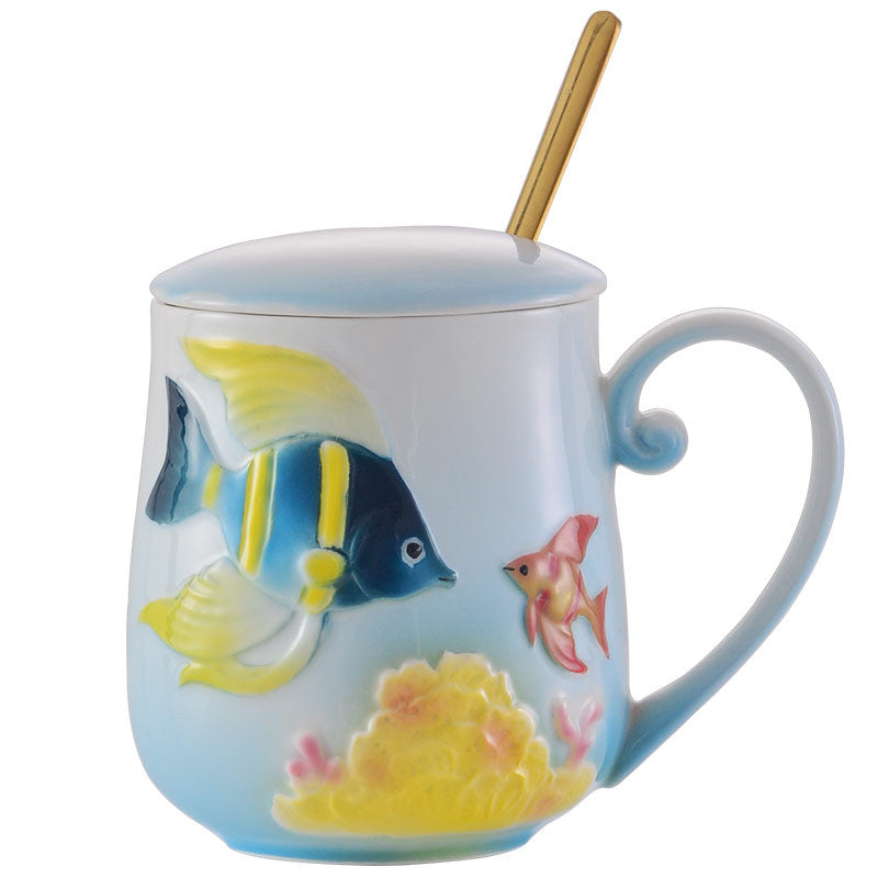 Cute Fish Enamel Porcelain Mug with Lid and Spoon - 350ml