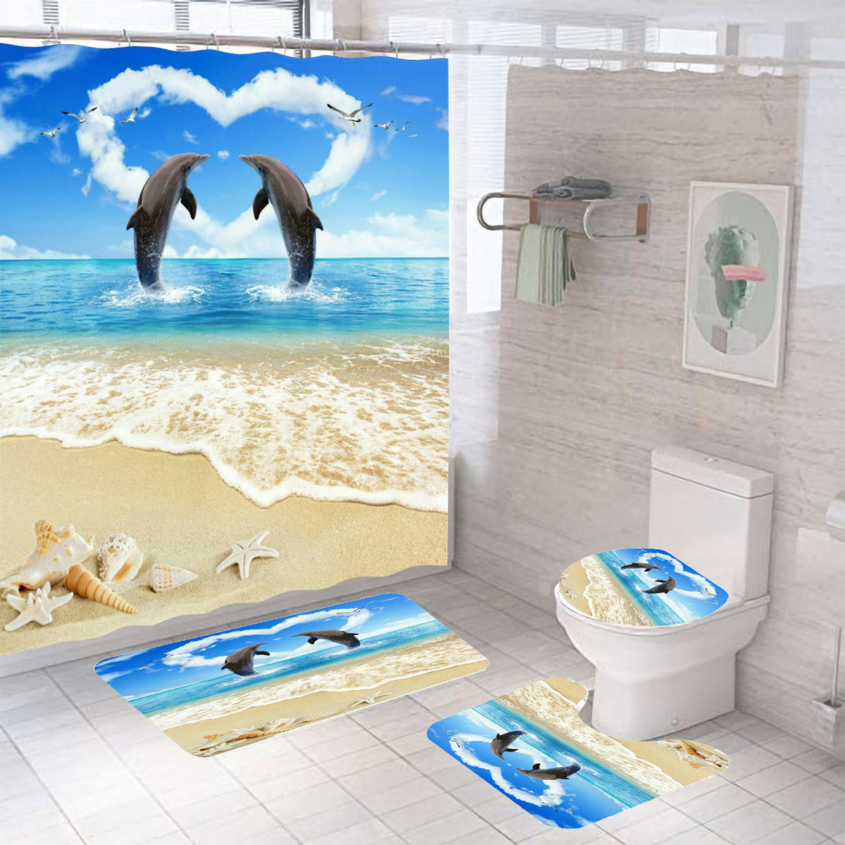 Bathroom Shower Curtain and Floor Mat Set Ocean World Printing - 4 Piece