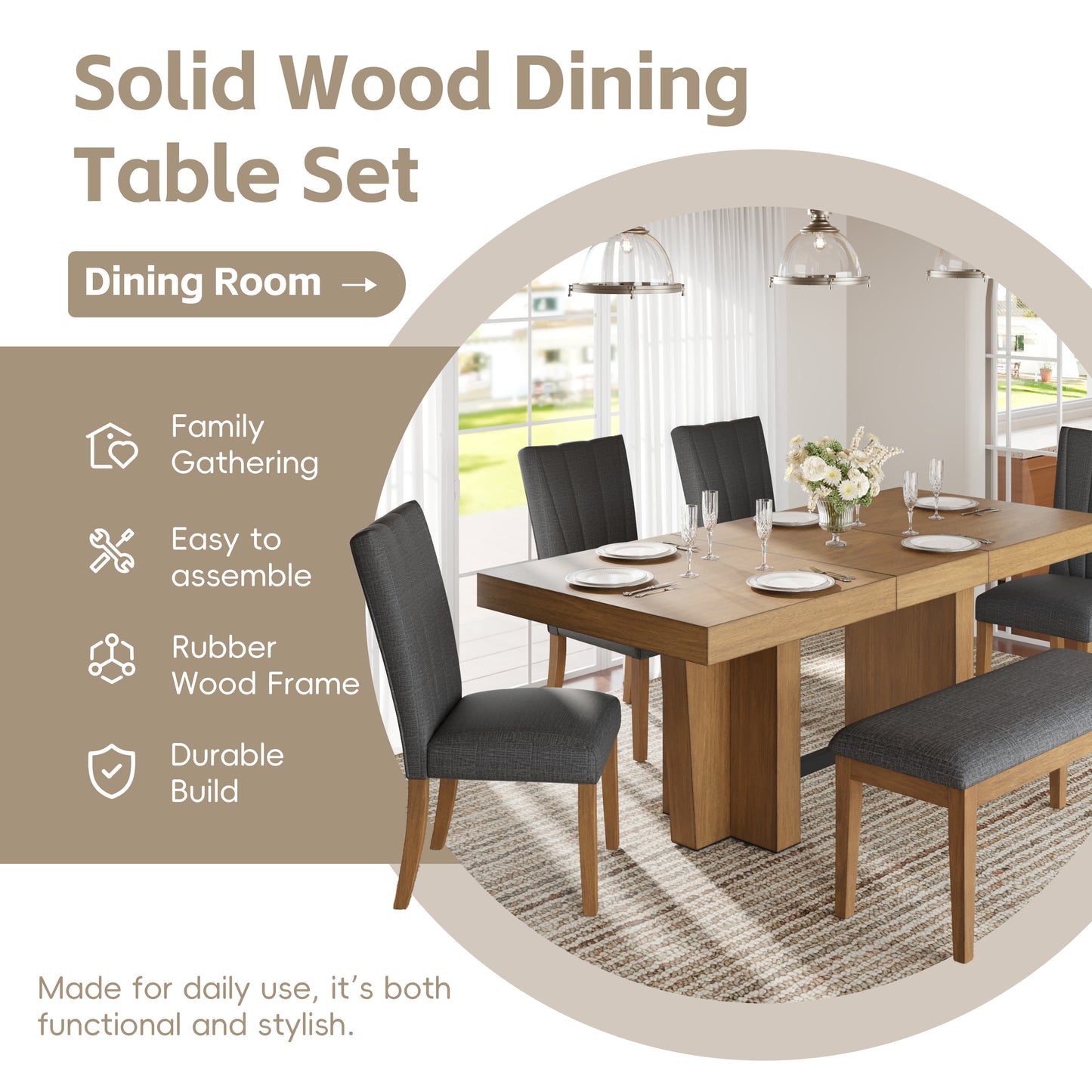 Extendable Wood Dining Table Set for 6 with Bench & 4 Chairs - Brown Gray