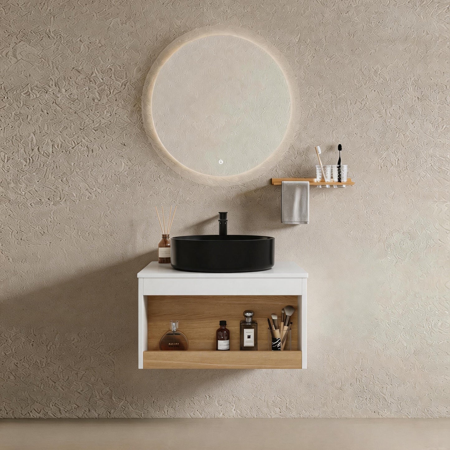 24" Wall-Mounted Bathroom Vanity with Round Vessel Sink - White