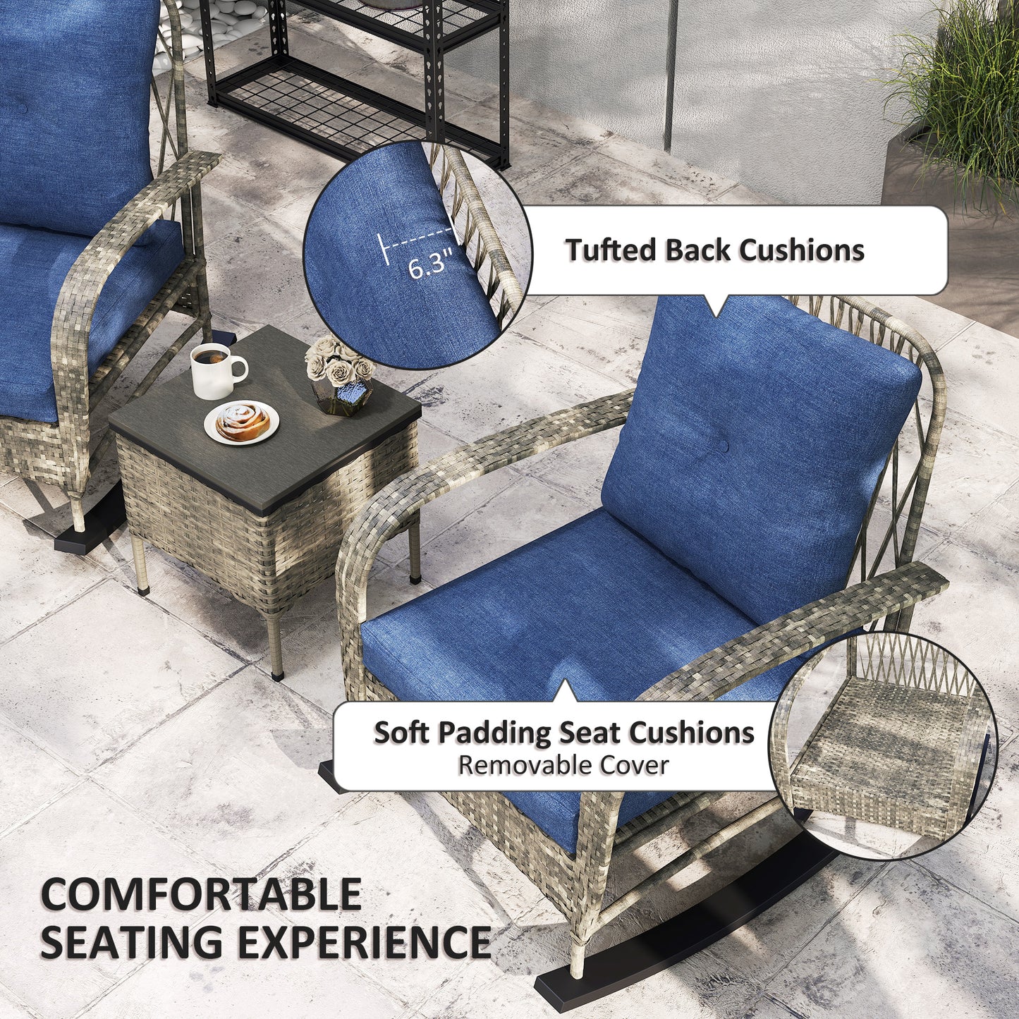 3-Piece Gray Wicker Patio Furniture Set with Rocking Chairs & Table