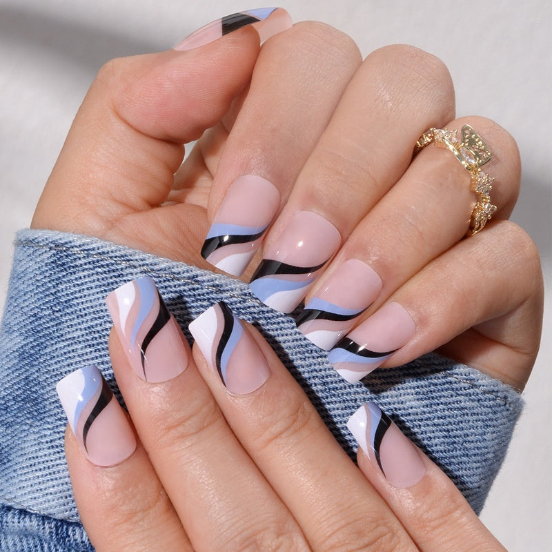 French Line Nail Tips with Water Ripple Design and Nail Stickers - 24 Pieces