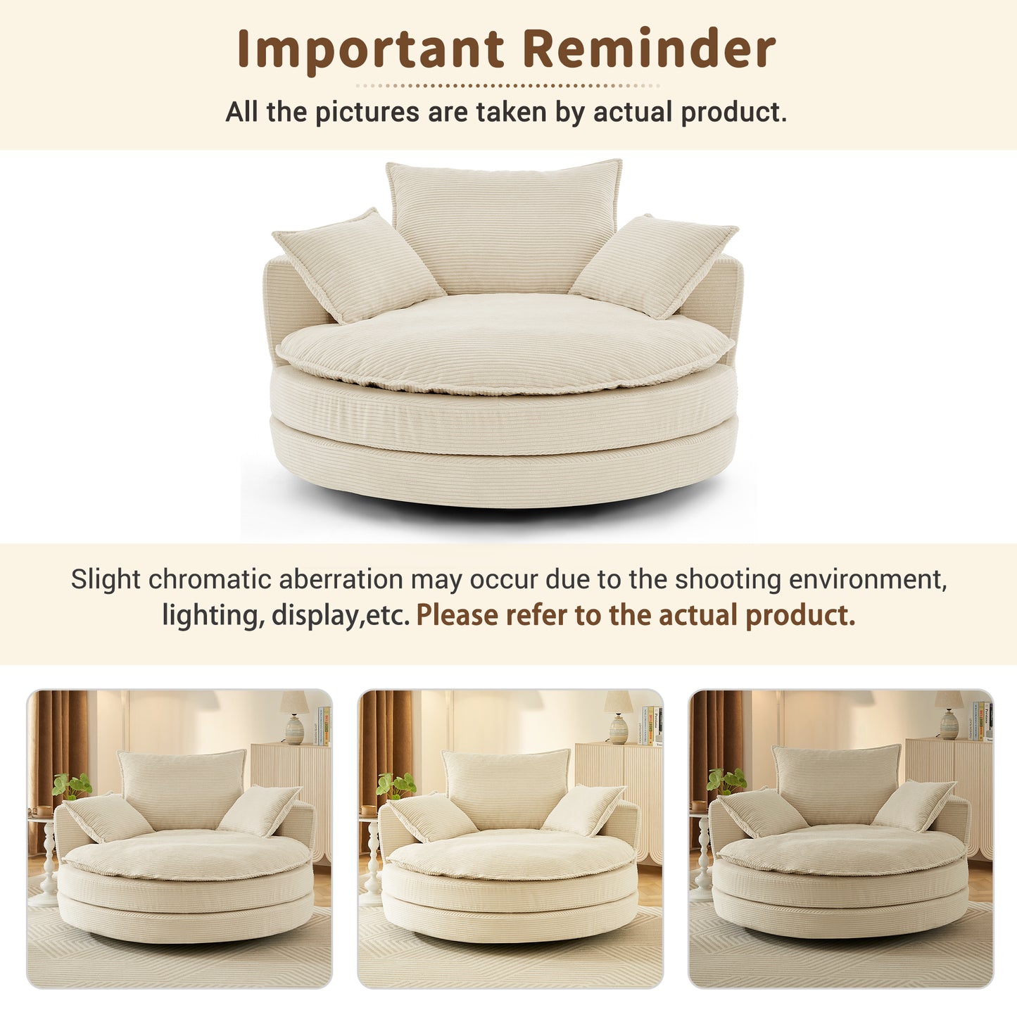 Oversized 360° Swivel Accent Chair with Dual-Layer Cushion - Beige