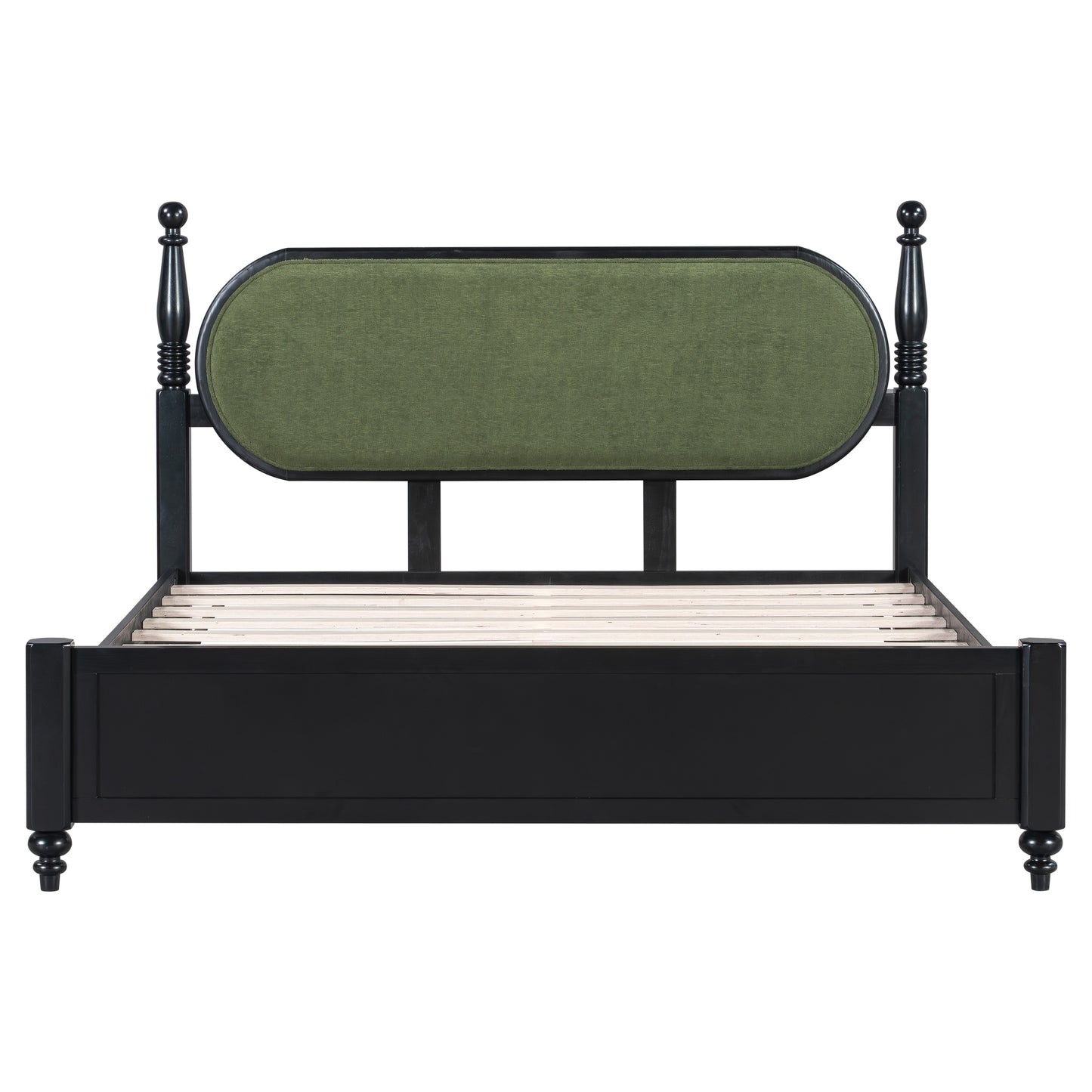 Queen Bed Frame - Solid Wood Platform with Green & Black Upholstered Headboard