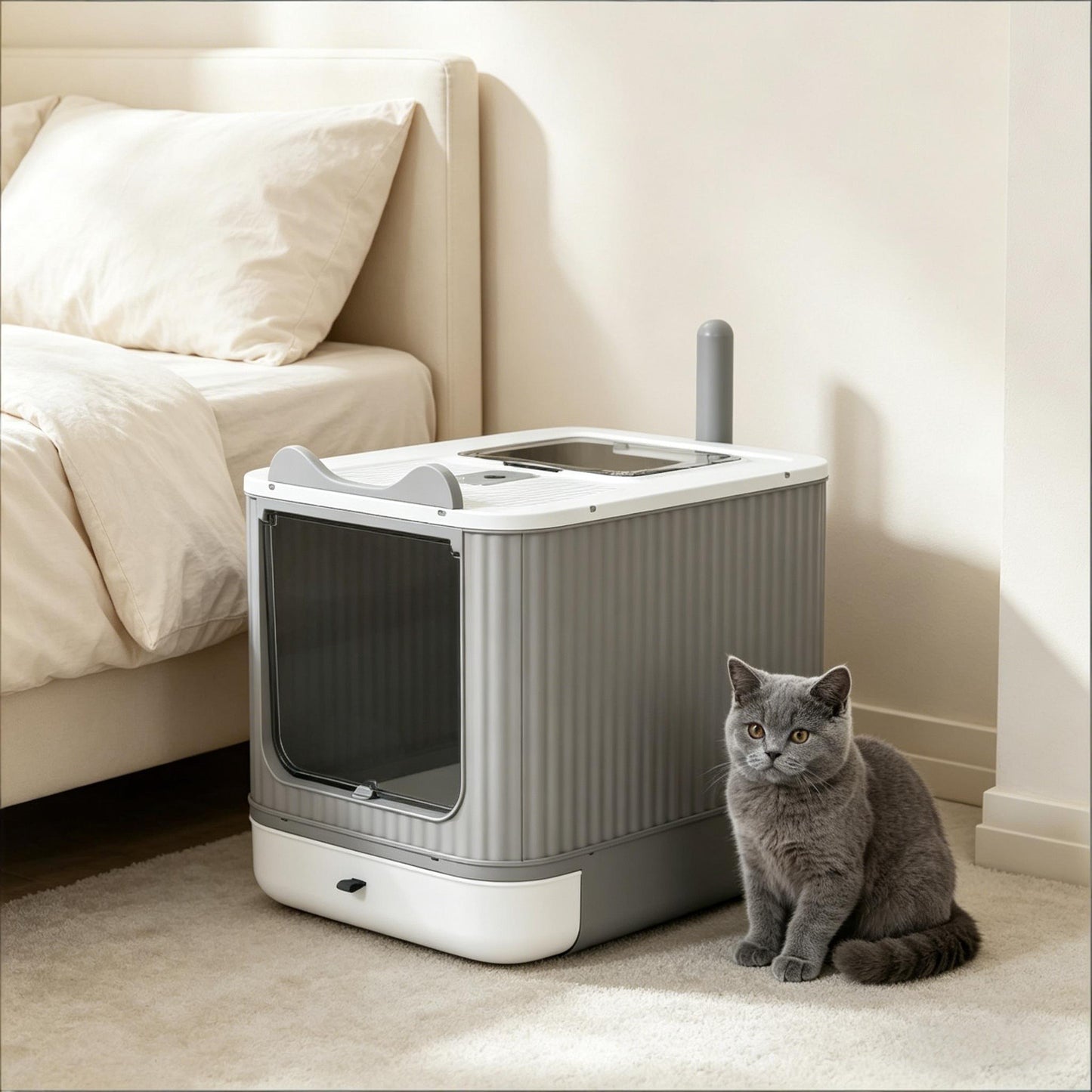 Enclosed Cat Litter Box with Slide-Out Tray - Black & Gray