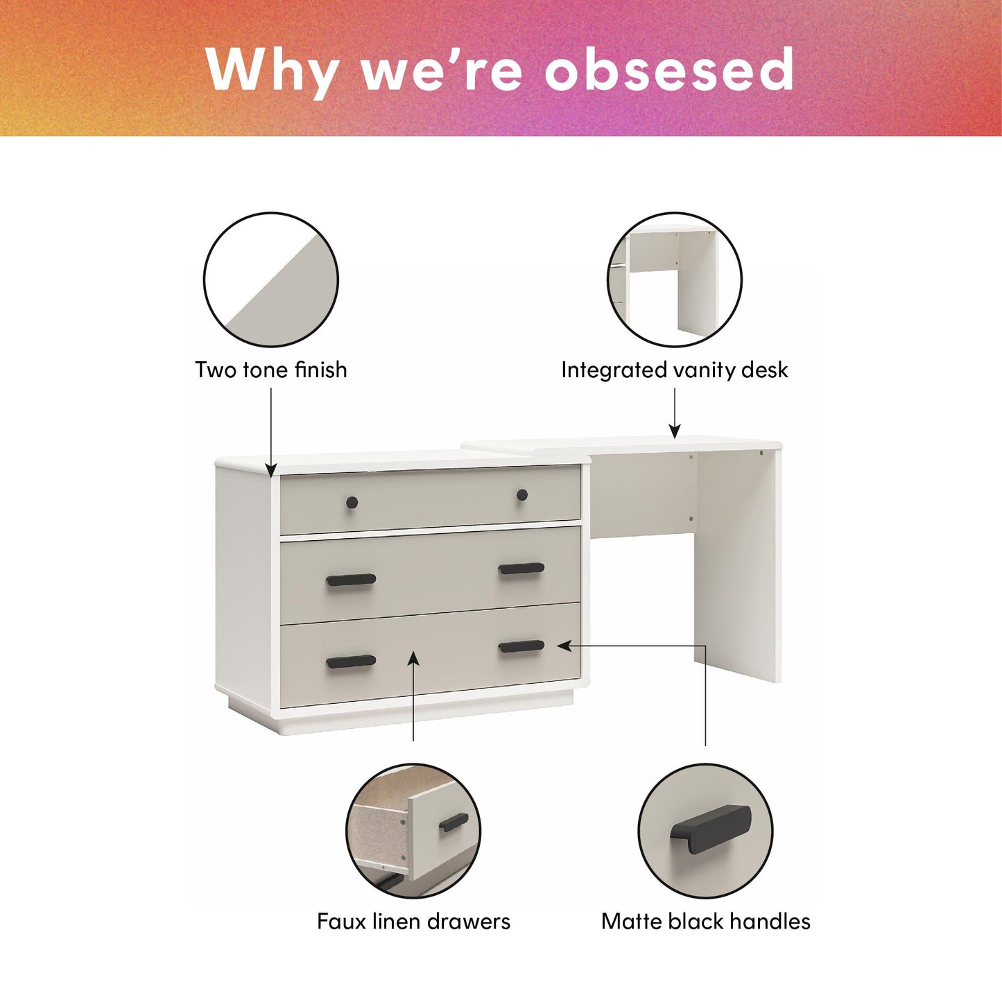Valencia 3-Drawer Dresser and Desk Combo - Taupe
