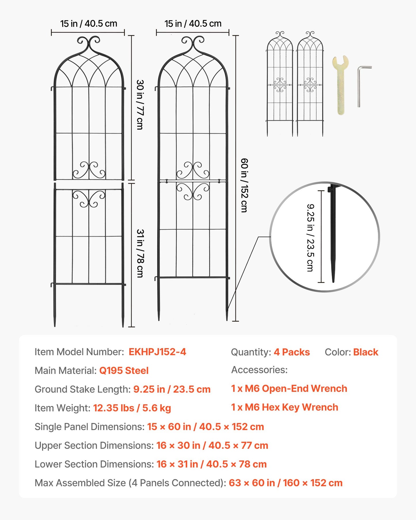 Garden Trellis 60x15 Inch Metal Plant Support Set for Climbing Flowers Vegetables - Black