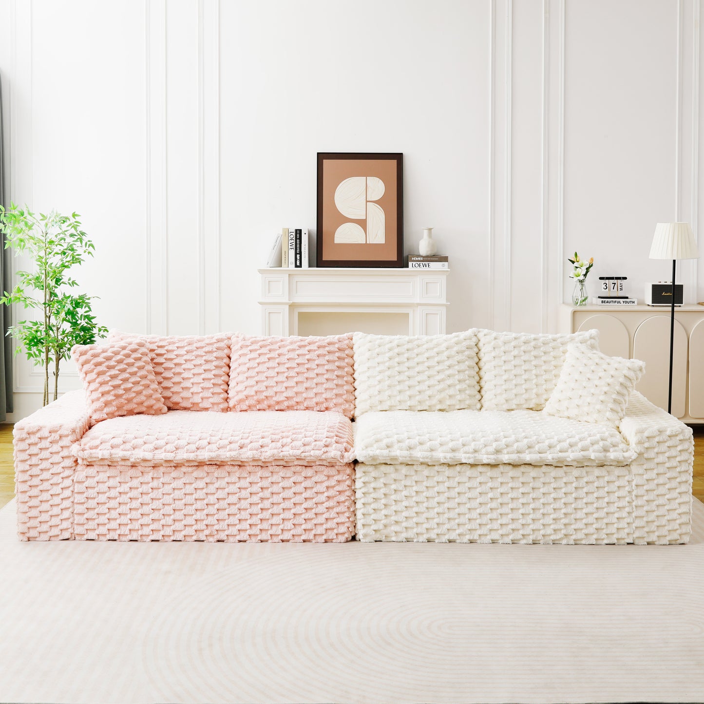 Luxury Color-Block Velvet Multifunctional Sofa - Pink & White