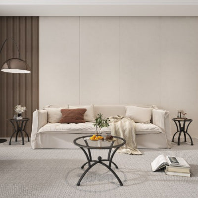 3 Piece Tempered Glass Coffee Table Set with Rustic Black Finish for Living Room