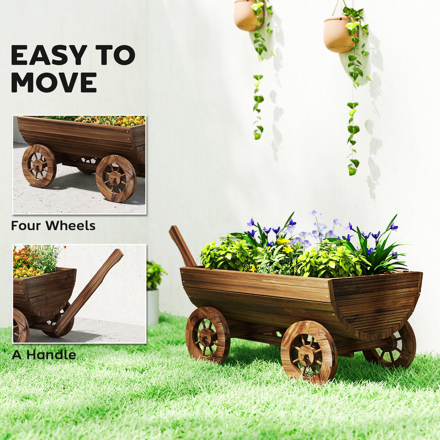 Wooden Wagon Planter Box with Wheels - Rustic Garden Flower Cart, Drainage Hole, Small Size