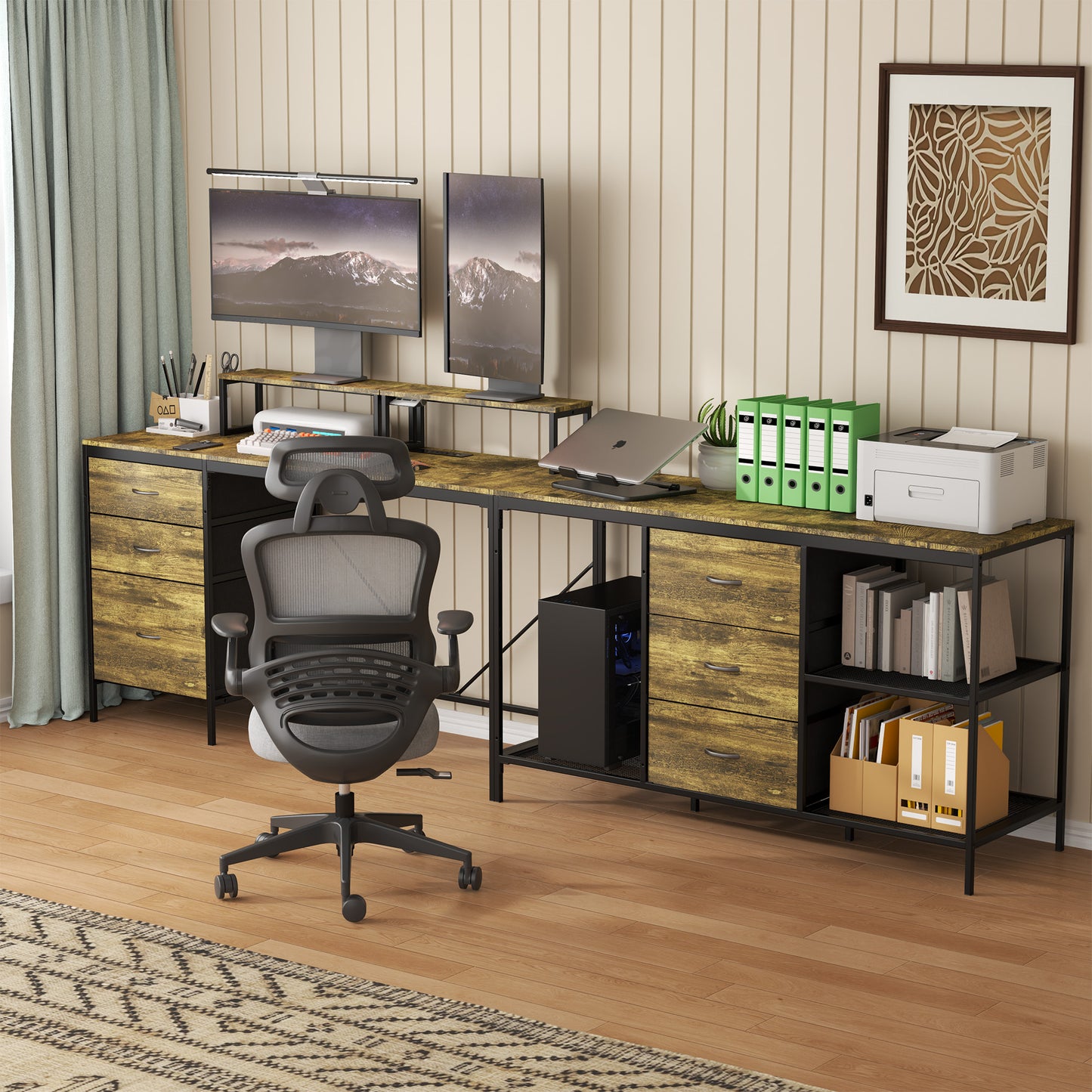 114 L-shaped Desk With Power Hub, Industrial Gaming - 6 Drawers,