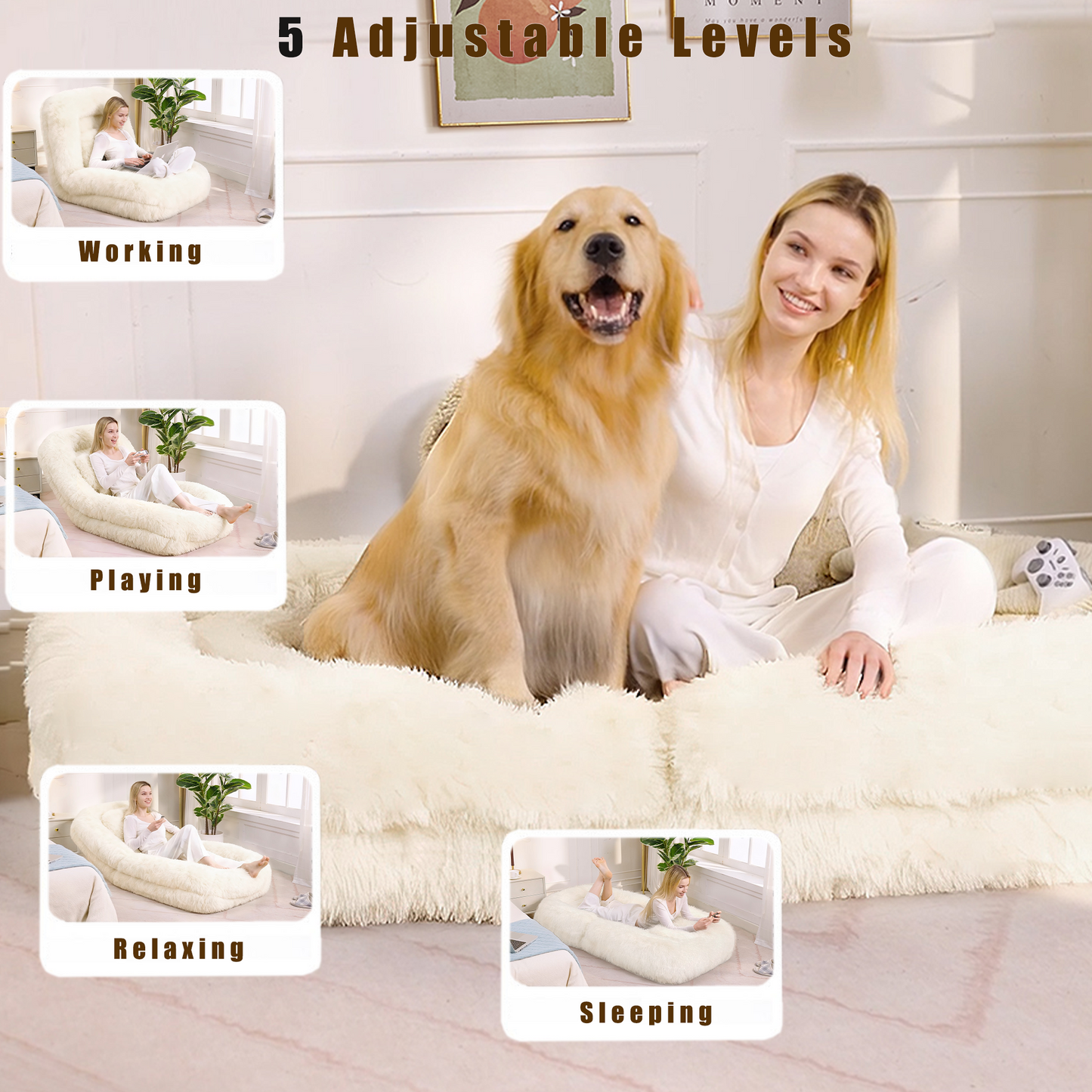 5-Position Adjustable Human Dog Bed & Lazy Sofa - Beige