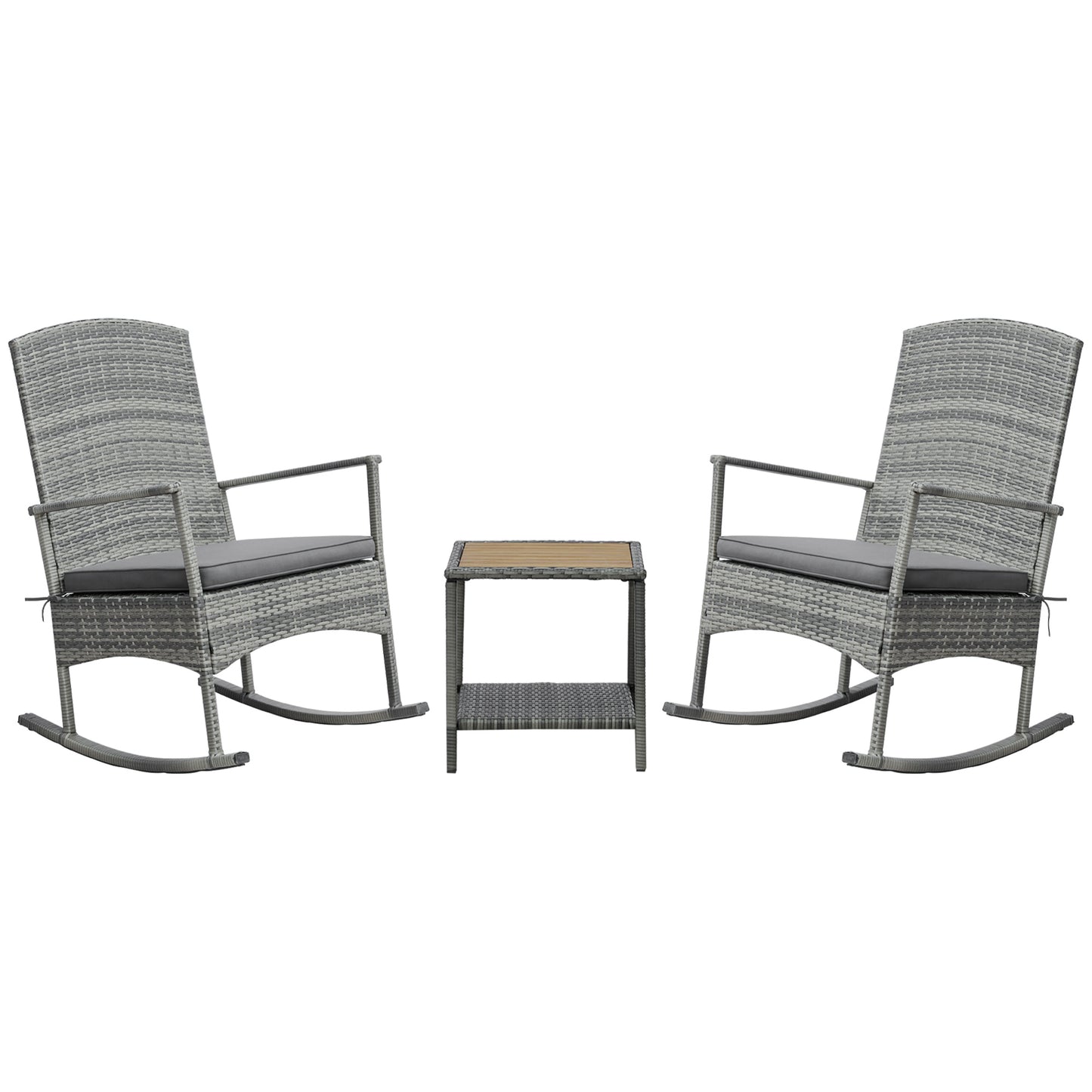3-Piece Outdoor Rocking Chair Set with Cushions & Coffee Table - Gray