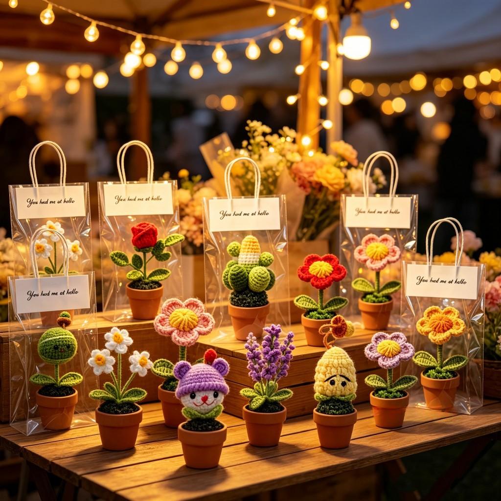 Handmade Yarn Flower Pot Ornaments - Various Styles for Home & Garden Decor