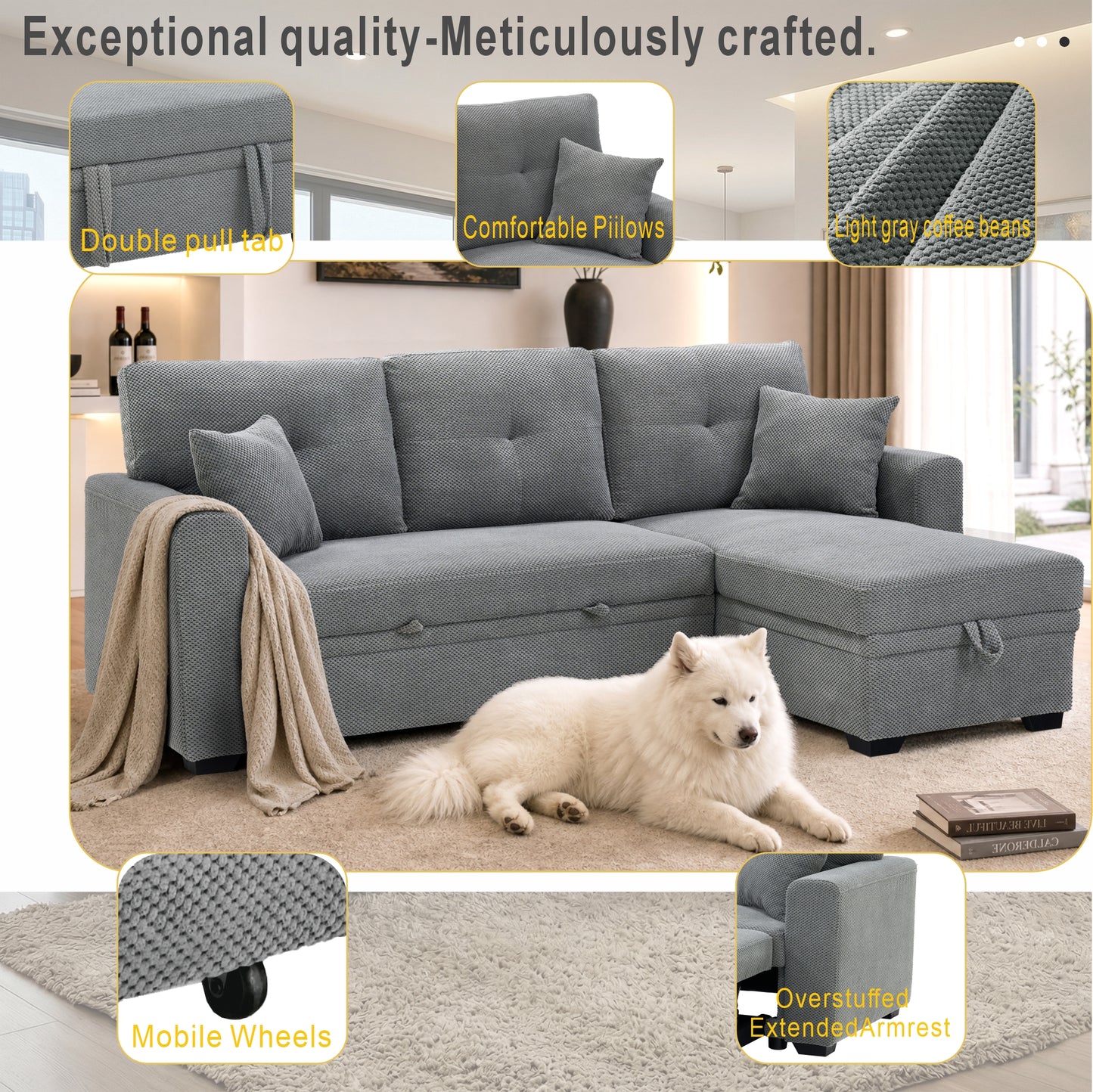 Light Gray Sectional Sofa Bed with Reversible Chaise & Storage