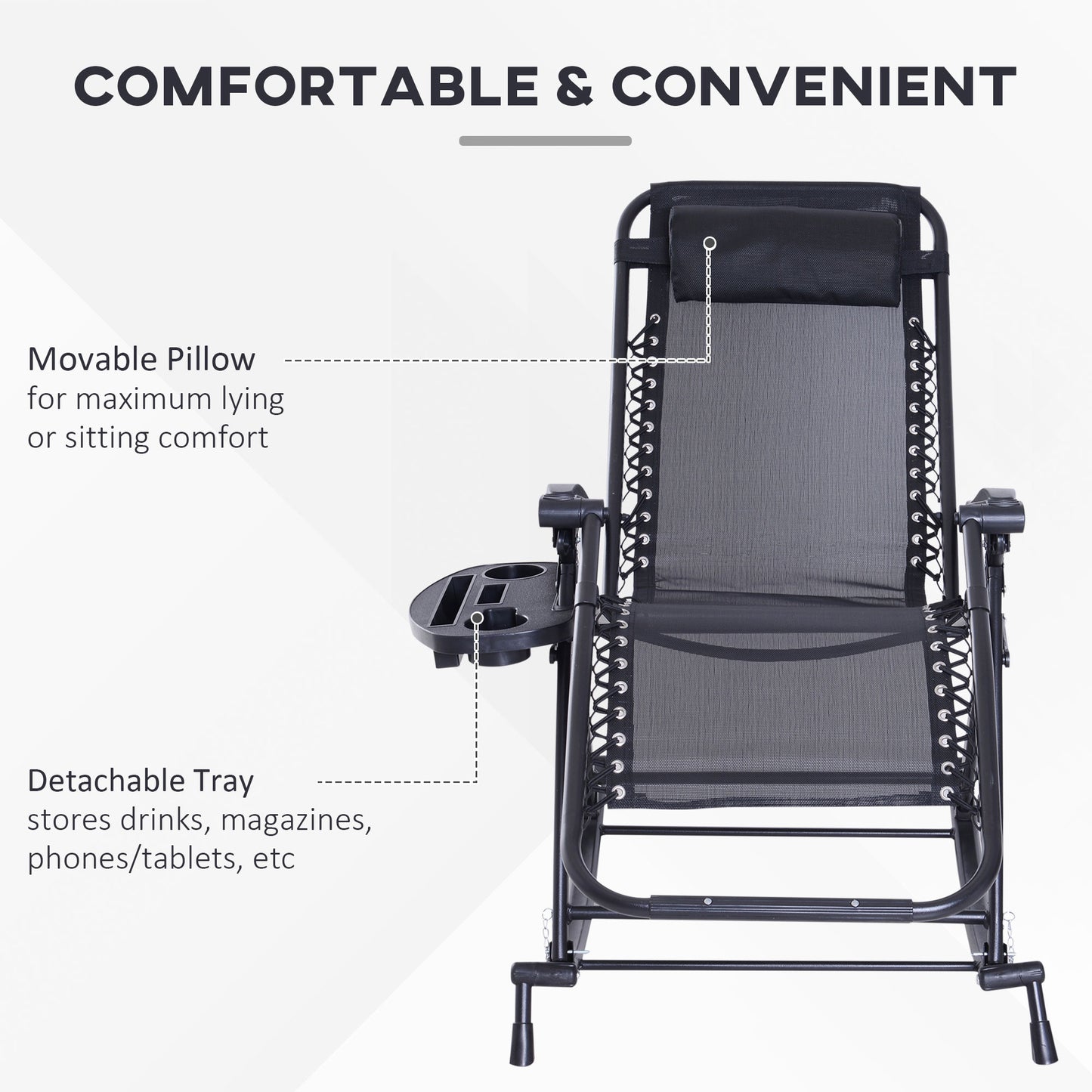 Zero Gravity Rocking Chair - Foldable Reclining Lounge with Pillow, Cup Holder, Black