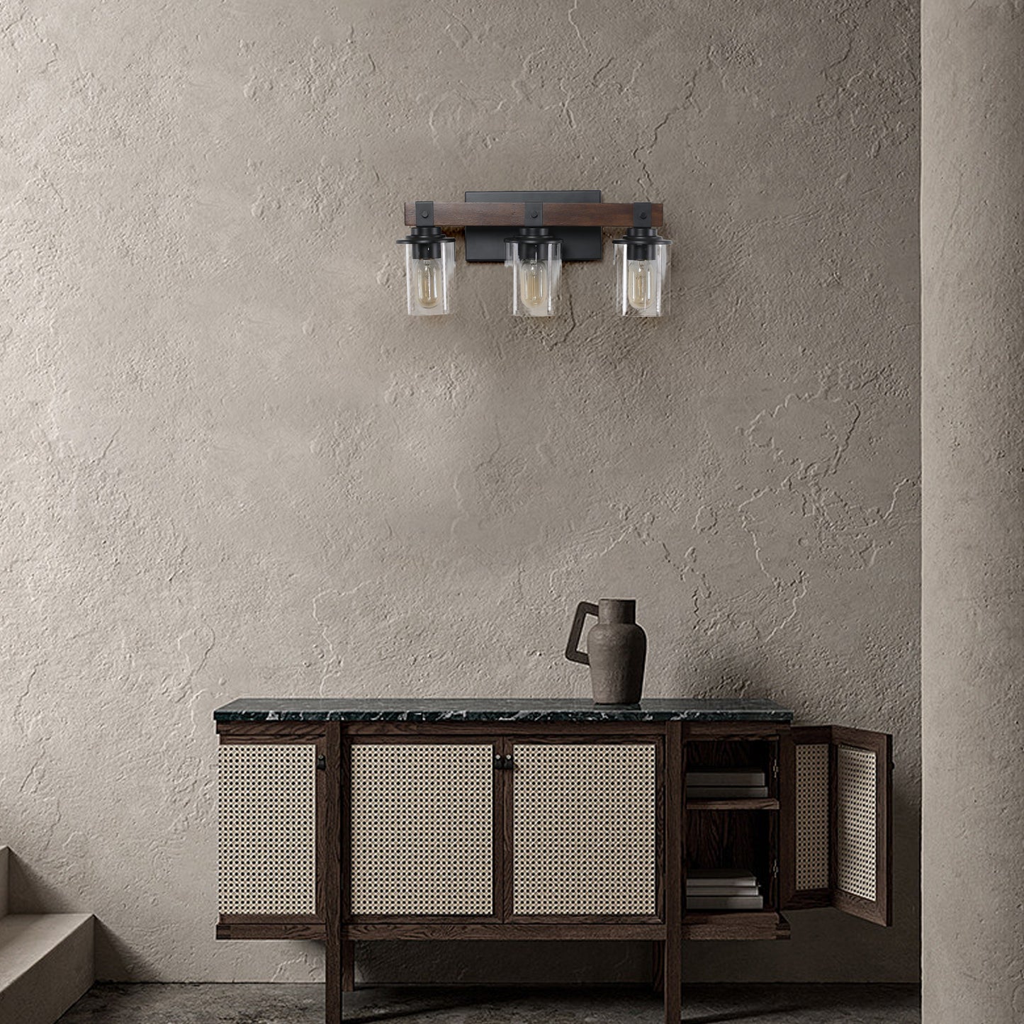 Rustic 3-Light Vanity Light Fixture with Glass Shades and Wood Accent