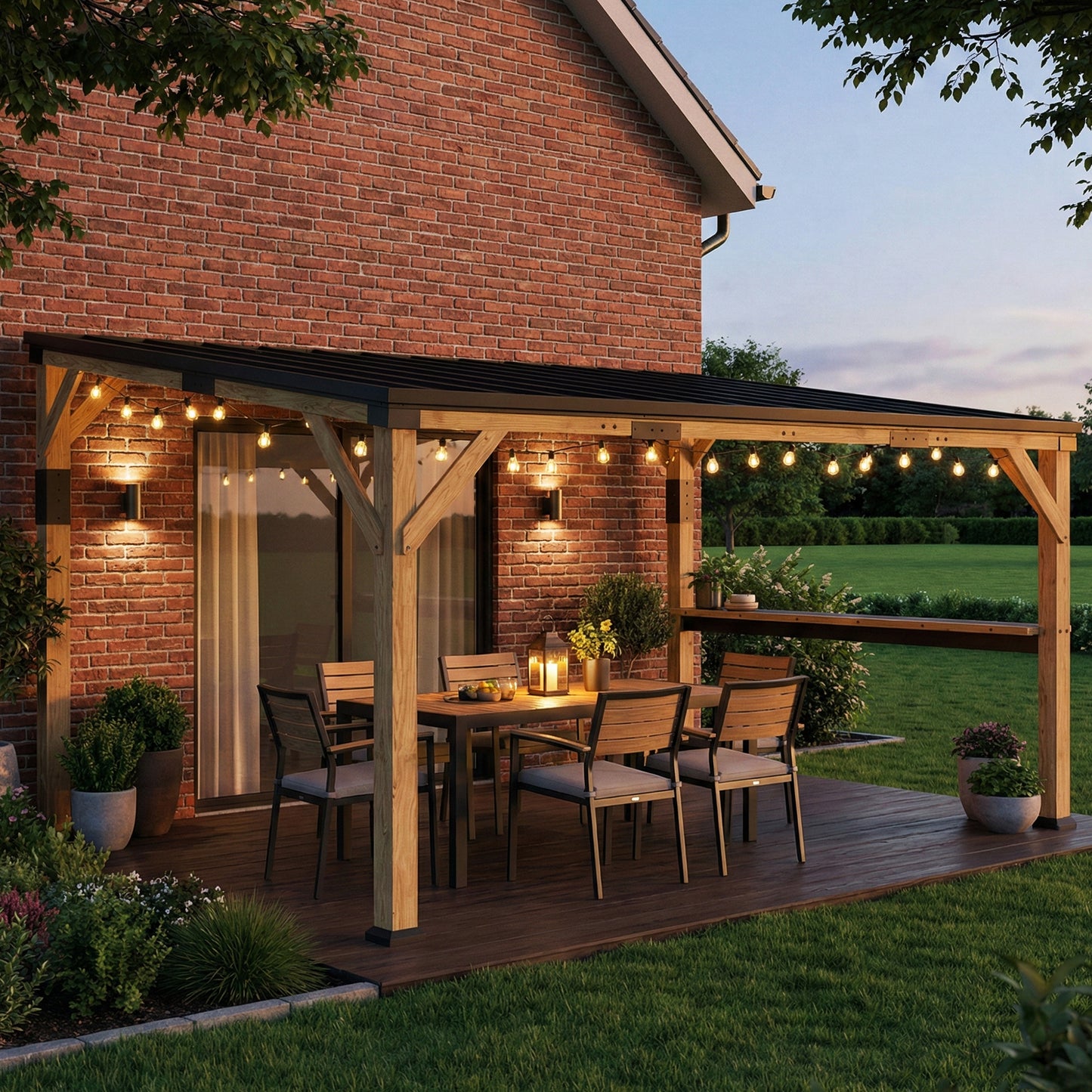 14'x10' Wooden Gazebo with Steel Roof & Bar Shelf - Natural Wood