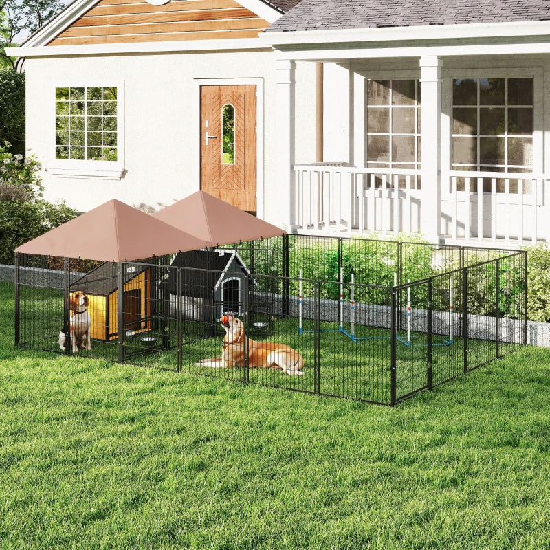 Large Outdoor Dog Kennel with 2 Rooms, Adjustable Bowls, Steel Frame, Coffee