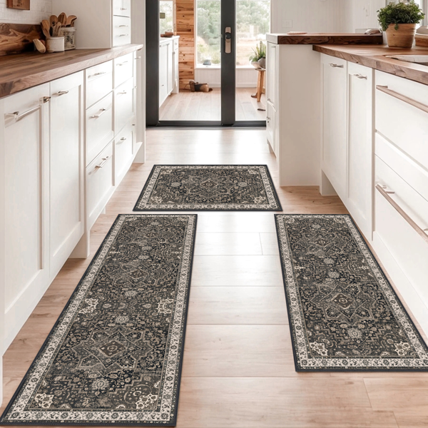 Washable Boho Kitchen Rug Set of 3 - Non-Slip Runner & Mats