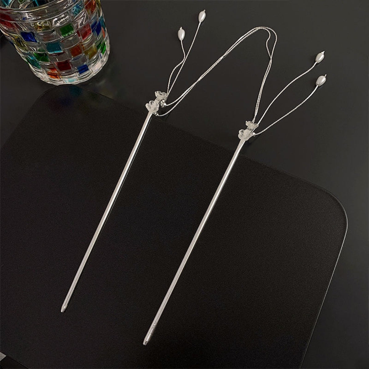 Silver Pearl Flower Hairpin - Antique Geometric Design