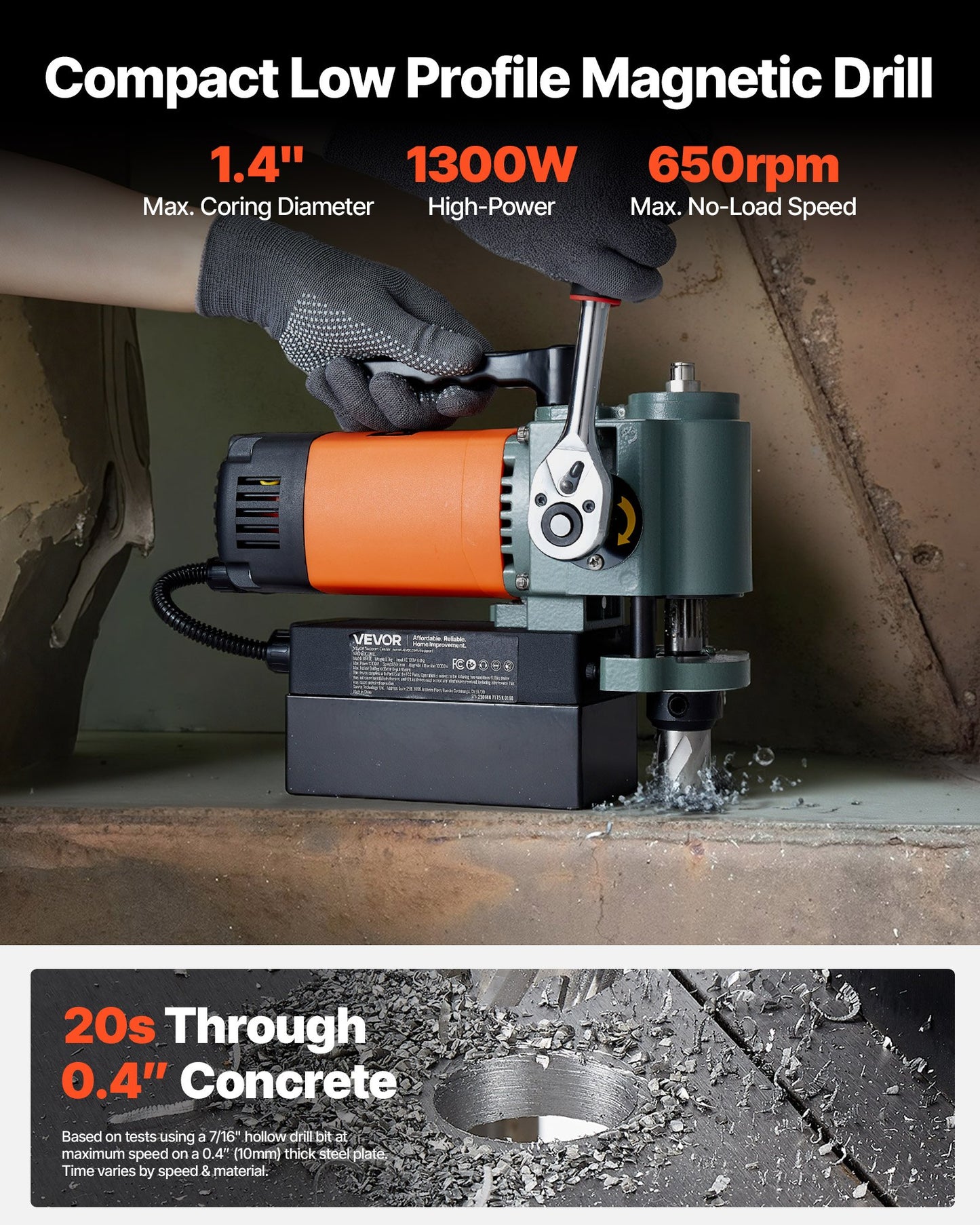 Low Profile Magnetic Drill Press 1300W for Metalworking, 1.4 Inch Boring Diameter - Orange