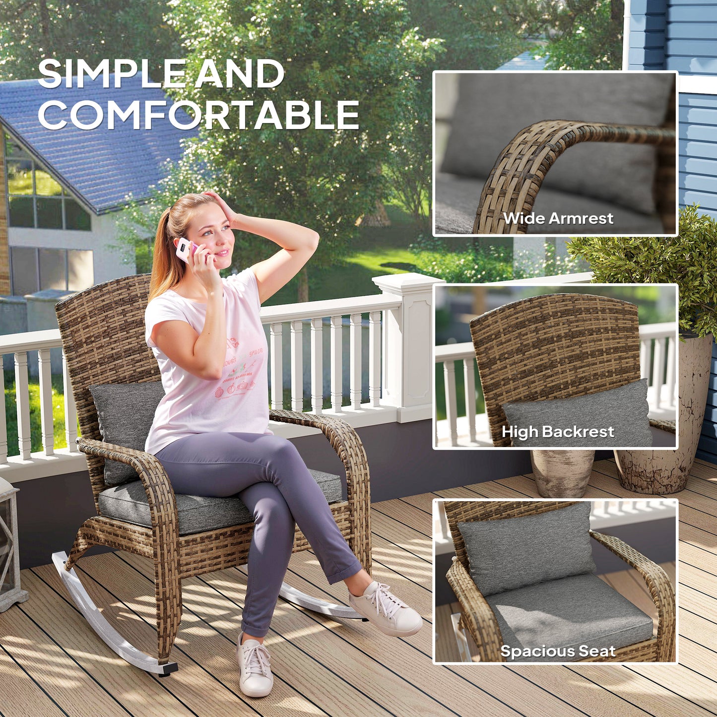 Gray Wicker Rocking Chair with Cushions - Adirondack Style