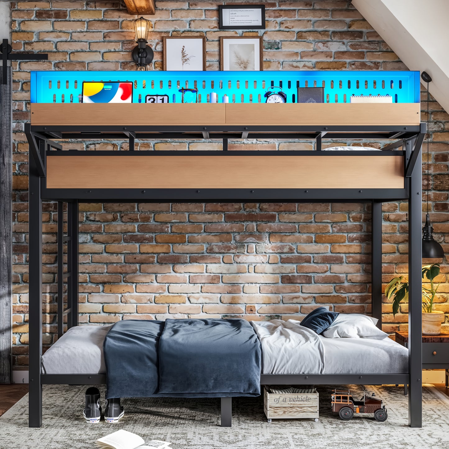 Twin XL Metal Bunk Bed with USB Ports & LED Lights - Natural