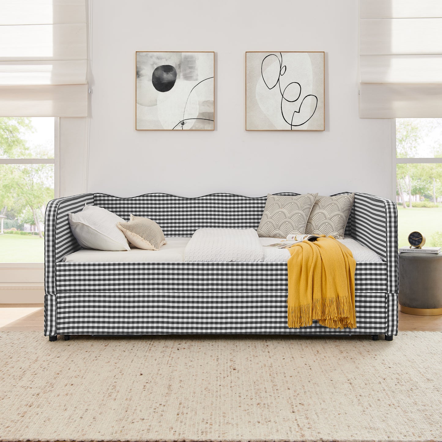 Full-Size Gingham Upholstered Daybed with Trundle & Storage - Black